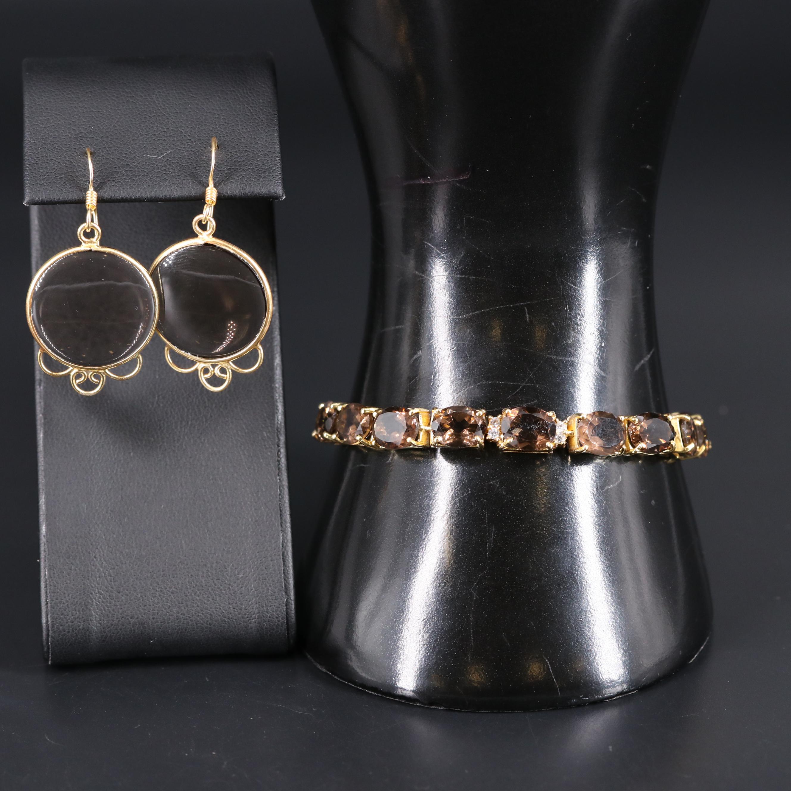 Sterling Silver Bracelet and Earrings Including Smoky Quartz and Gemstones