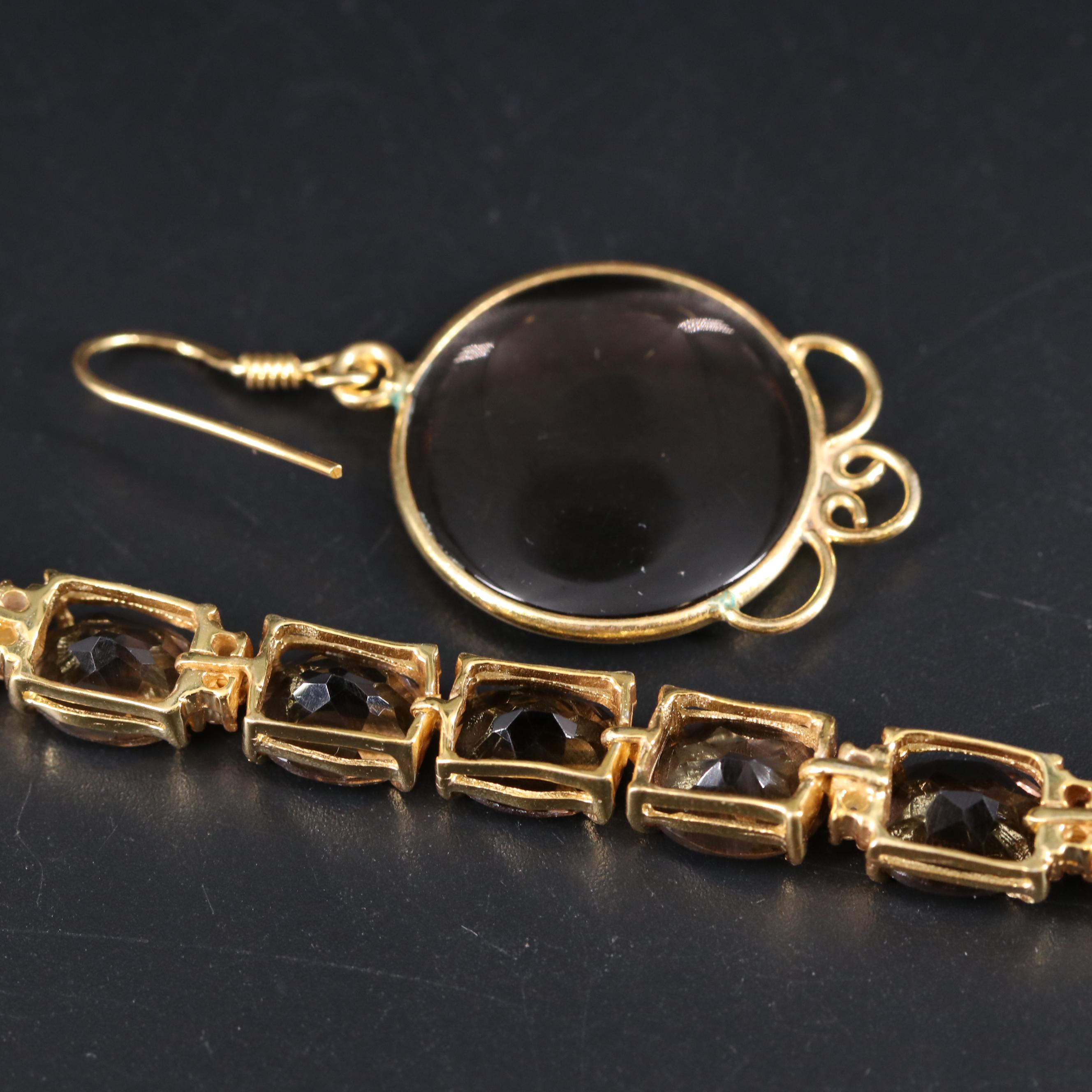 Sterling Silver Bracelet and Earrings Including Smoky Quartz and Gemstones