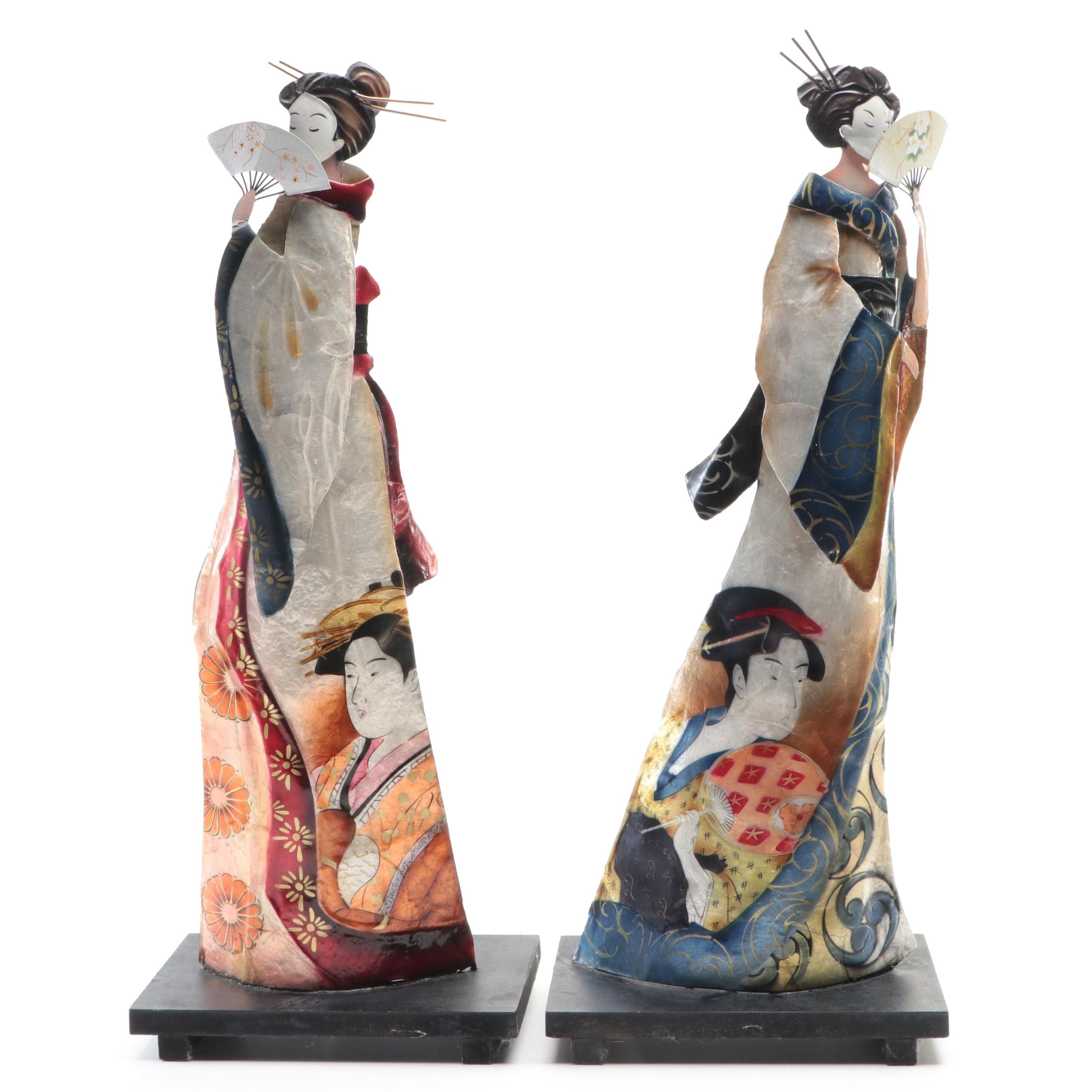 Japanese Style Hand-Painted Metal Maiko Figurines