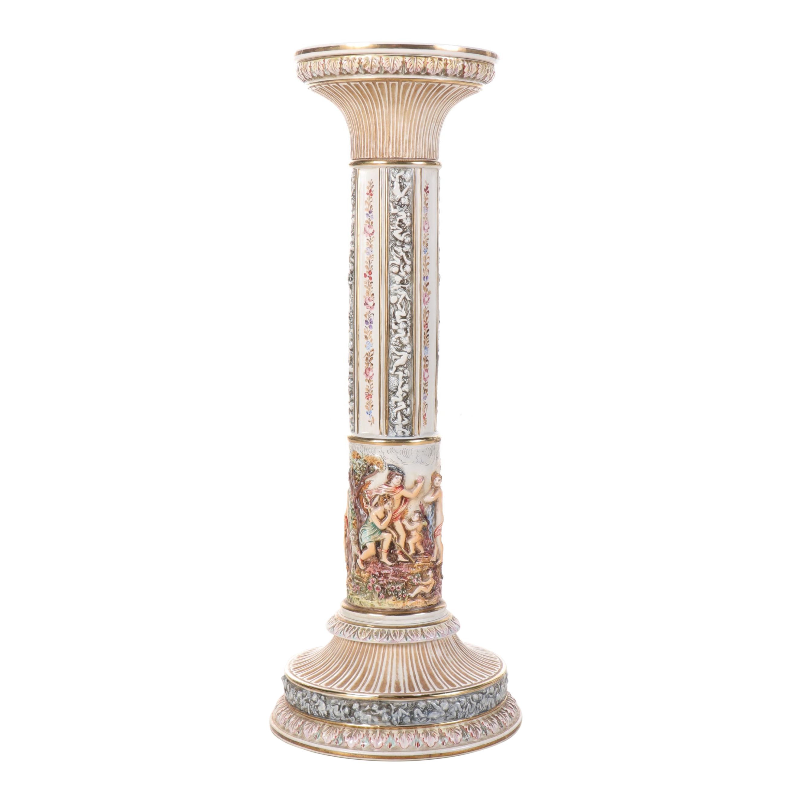 Capodimonte Neoclassical Style Gilt Figural Ceramic Column Pedestal