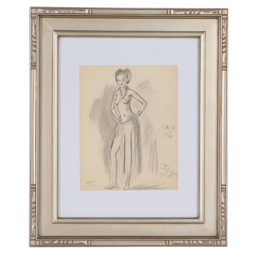 Leon Wall Graphite Study of Woman in Hula Skirt, Mid-20th Century