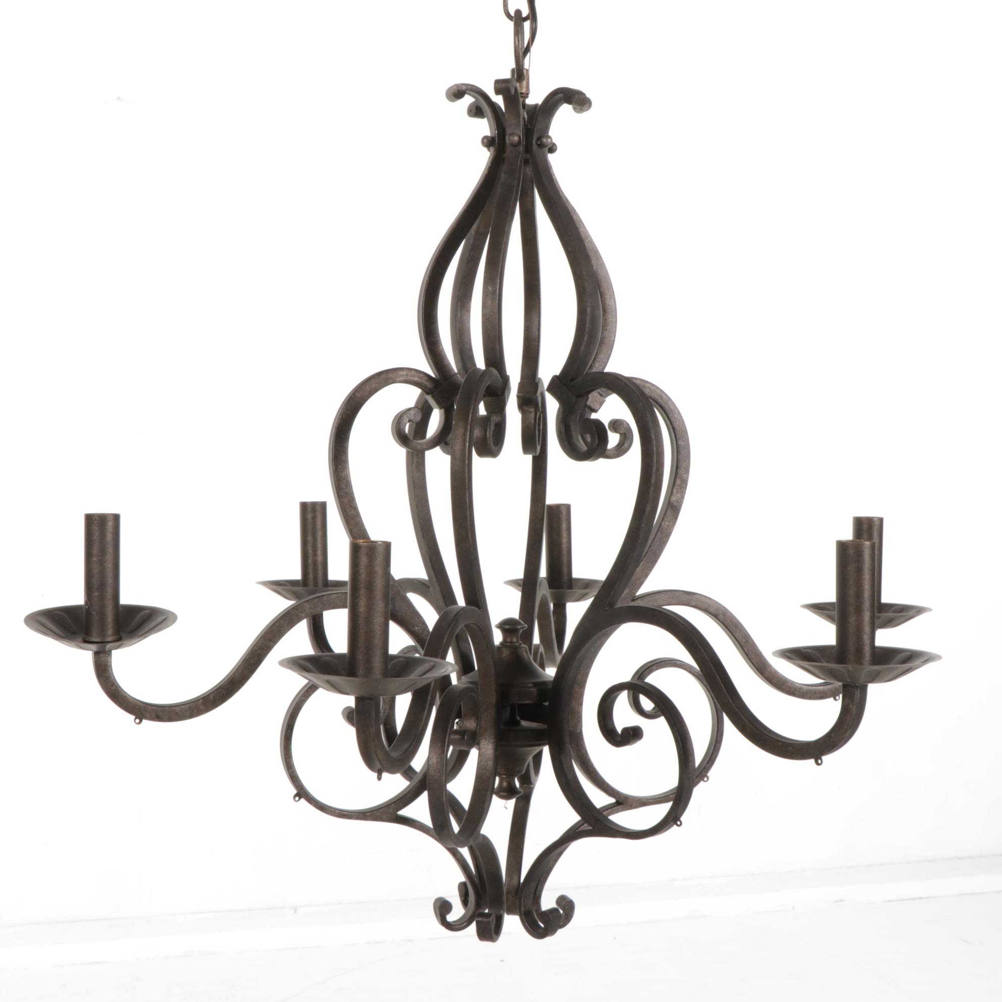 Pasquale Miranda for Feiss Scroll Metal Six-Arm Chandelier and Prisms and Shades