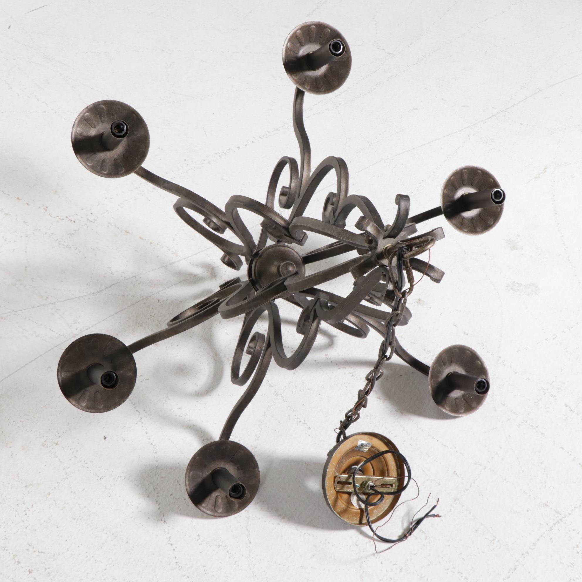 Pasquale Miranda for Feiss Scroll Metal Six-Arm Chandelier and Prisms and Shades