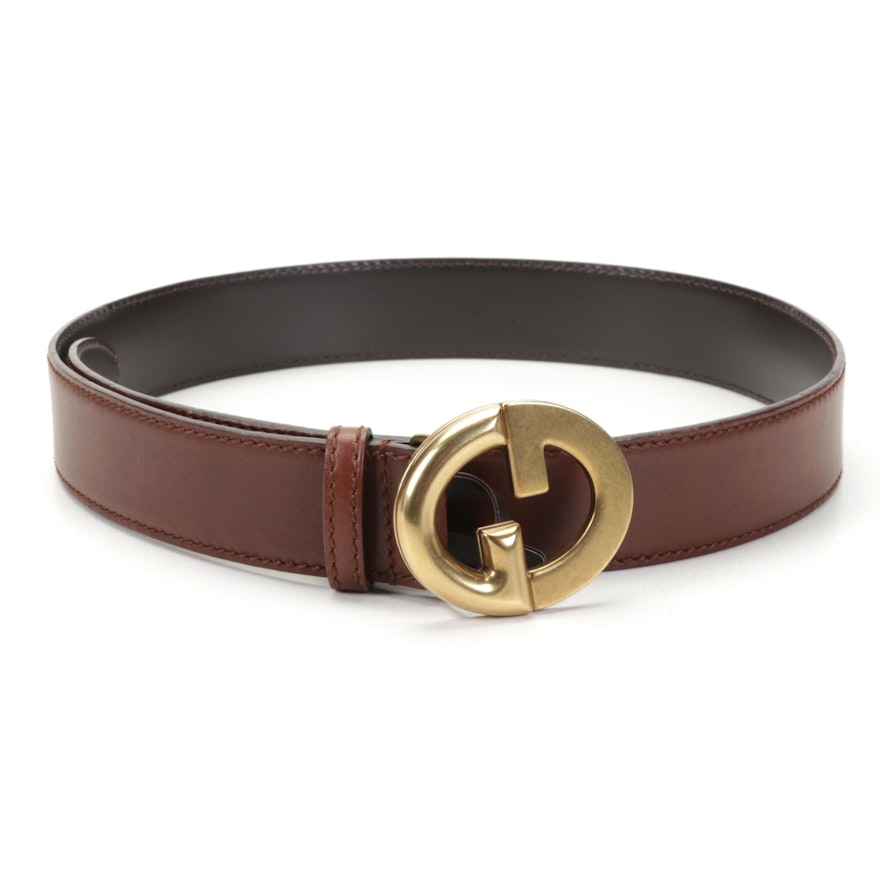 Gucci Gold Double G Buckle Belt in Brown Leather
