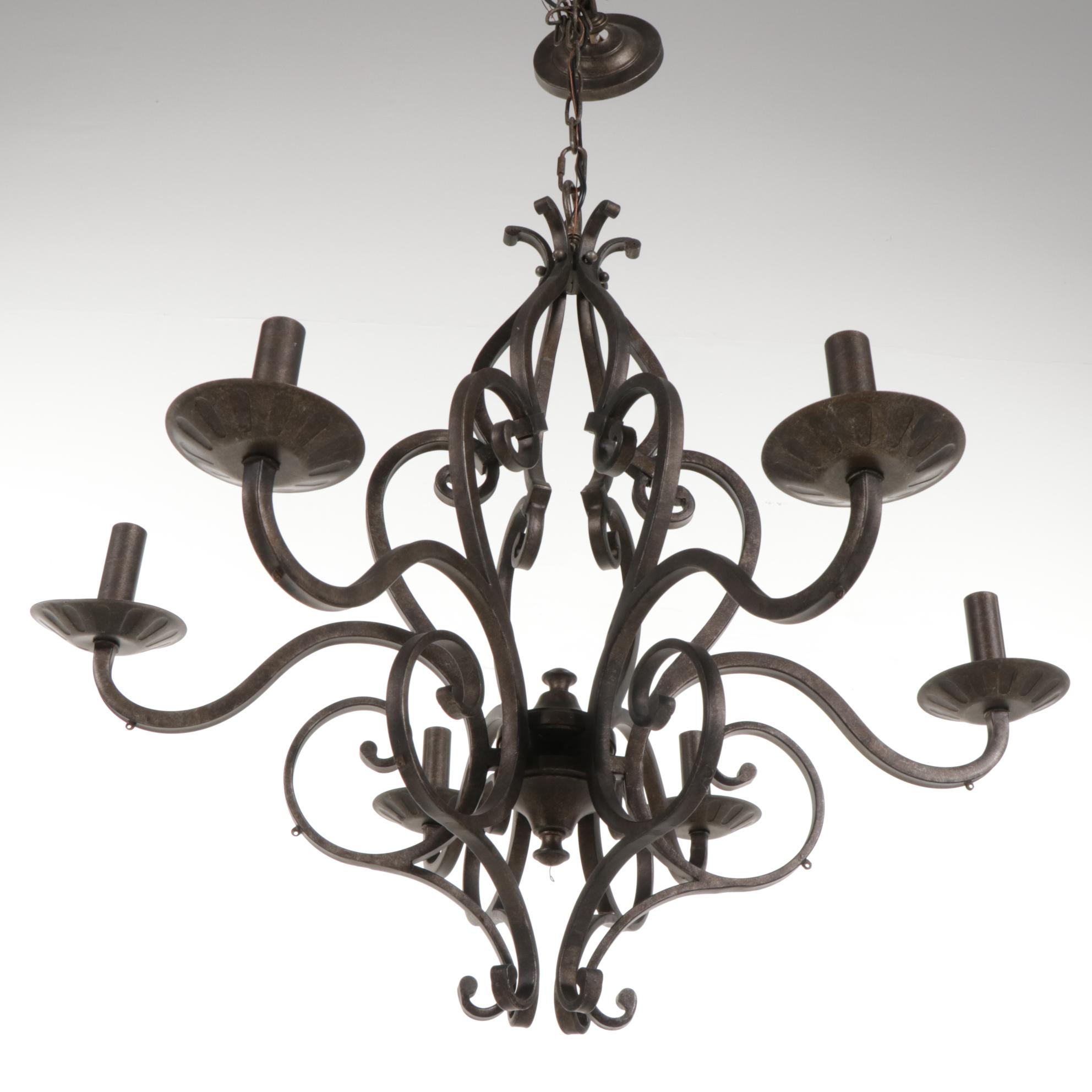 Pasquale Miranda for Feiss Scroll Metal Six-Arm Chandelier and Prisms and Shades