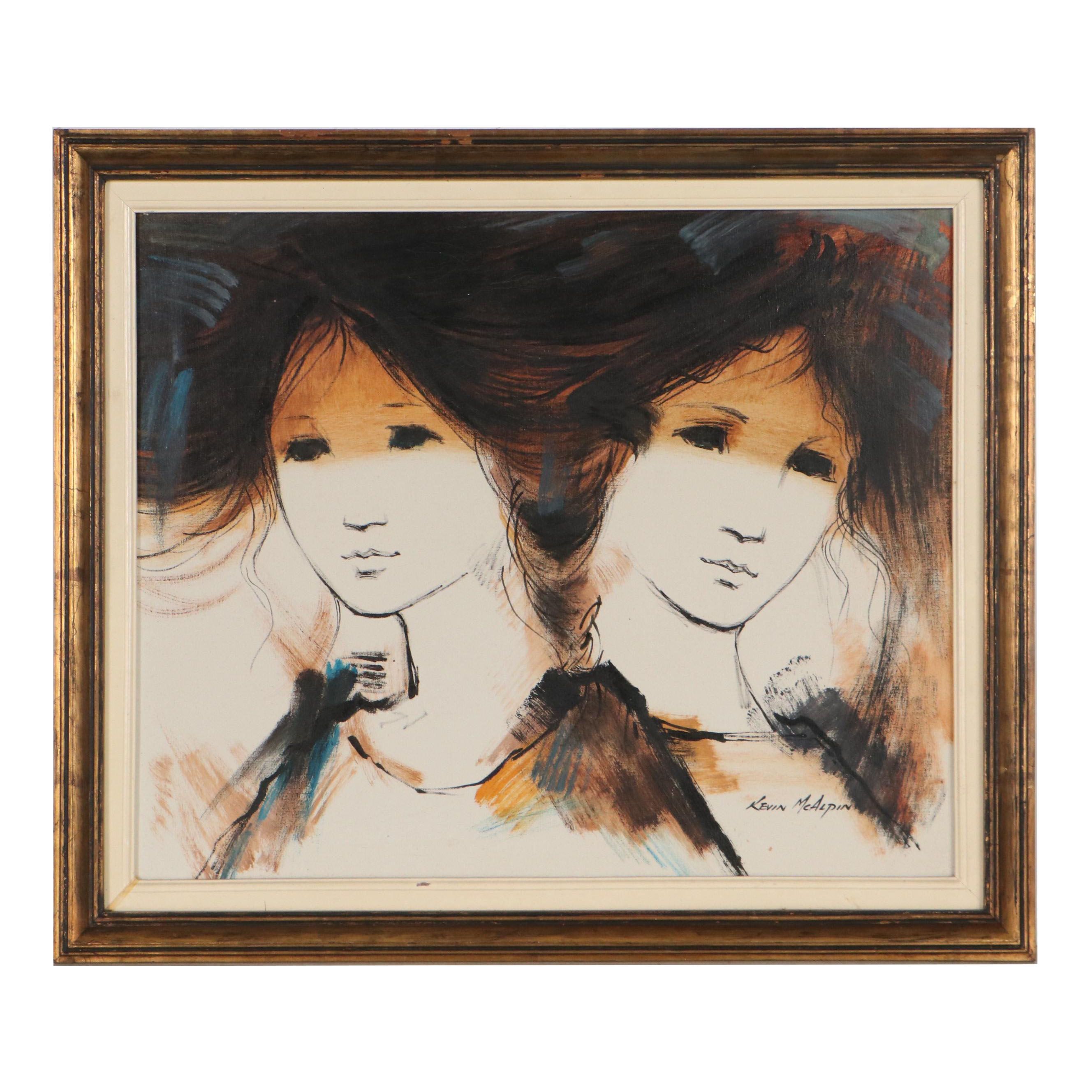 Kevin McAlpin Double Portrait Oil Painting, Circa 1970