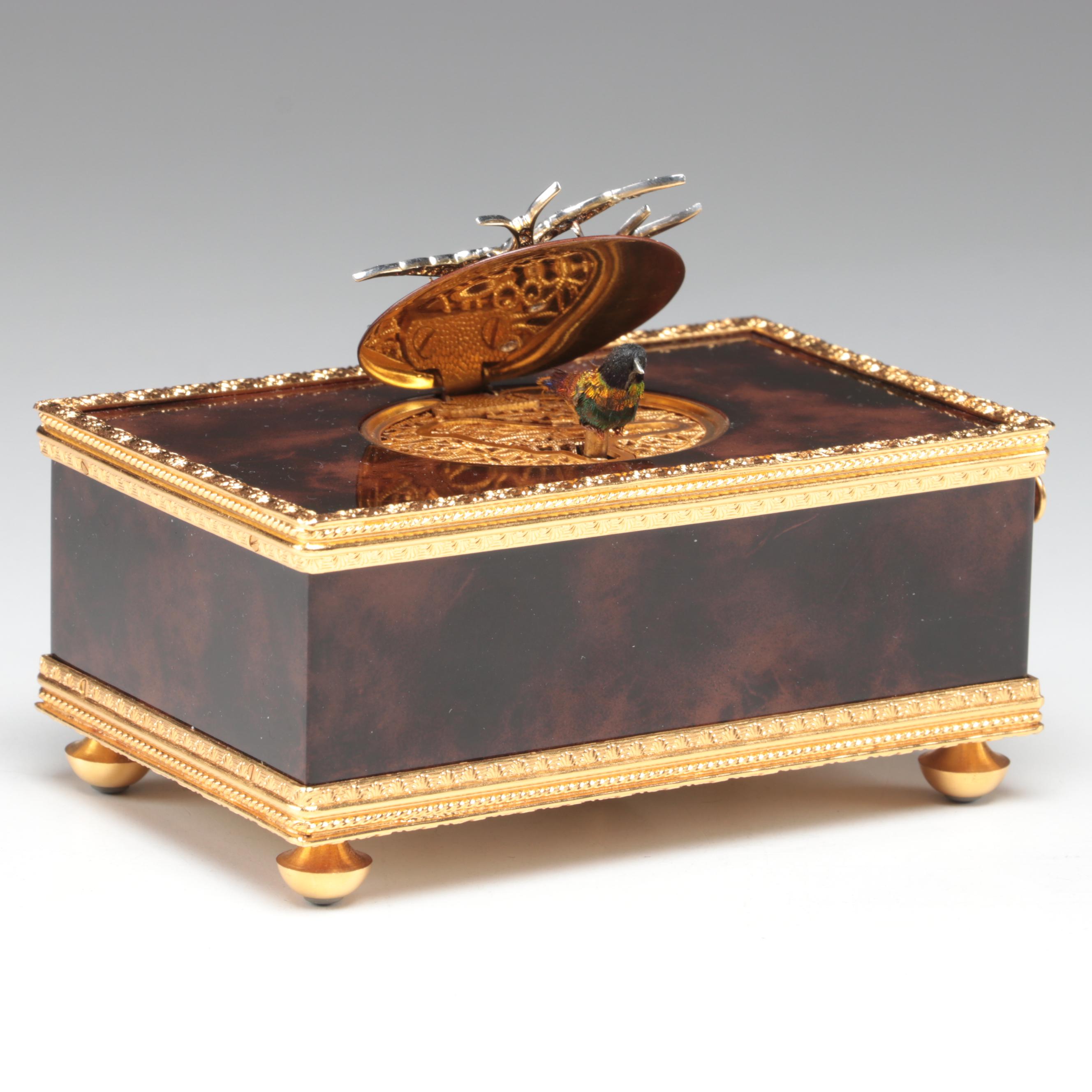Reuge Automaton Singing Bird Music Box with Platinum, Diamond, Ruby Bird Accent