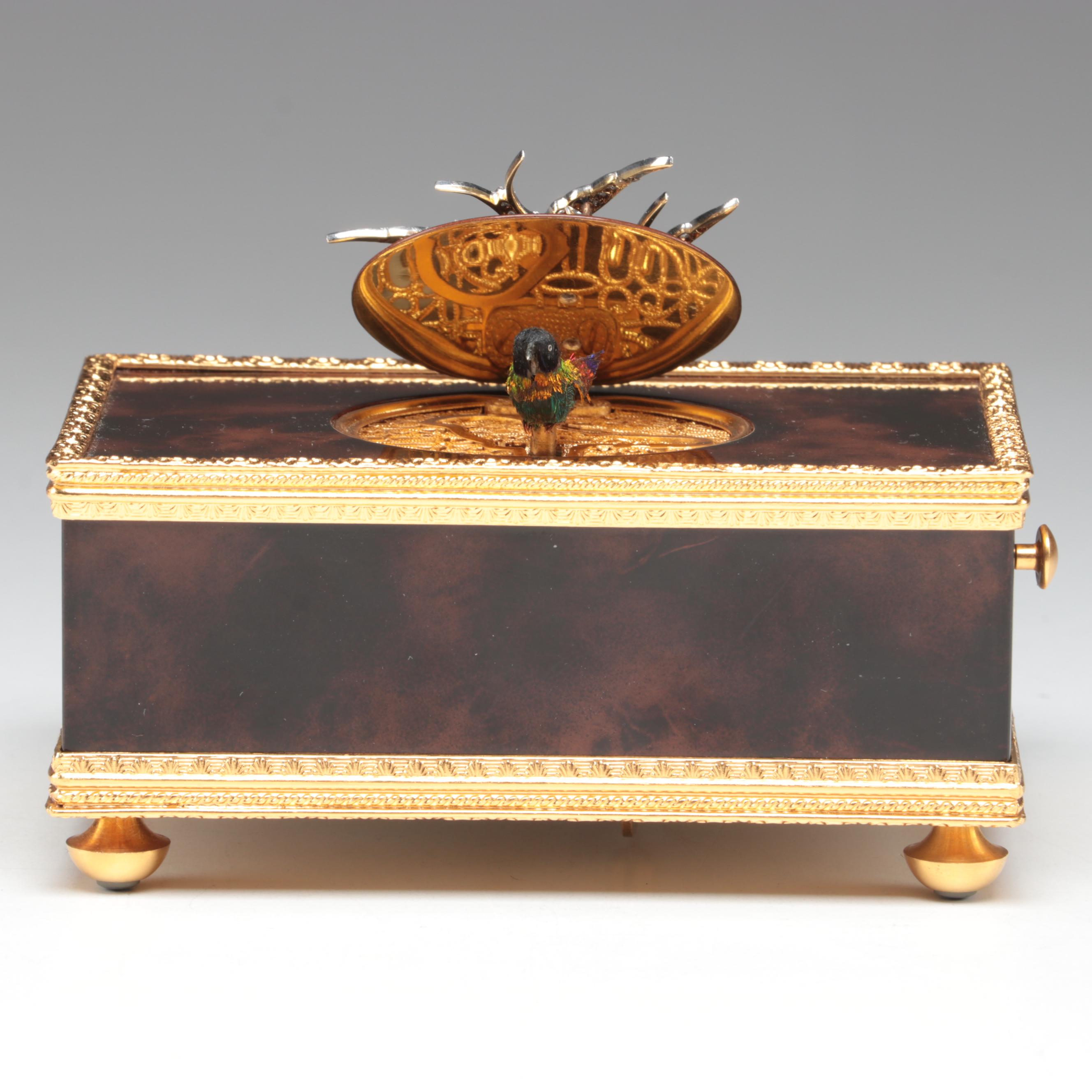 Reuge Automaton Singing Bird Music Box with Platinum, Diamond, Ruby Bird Accent