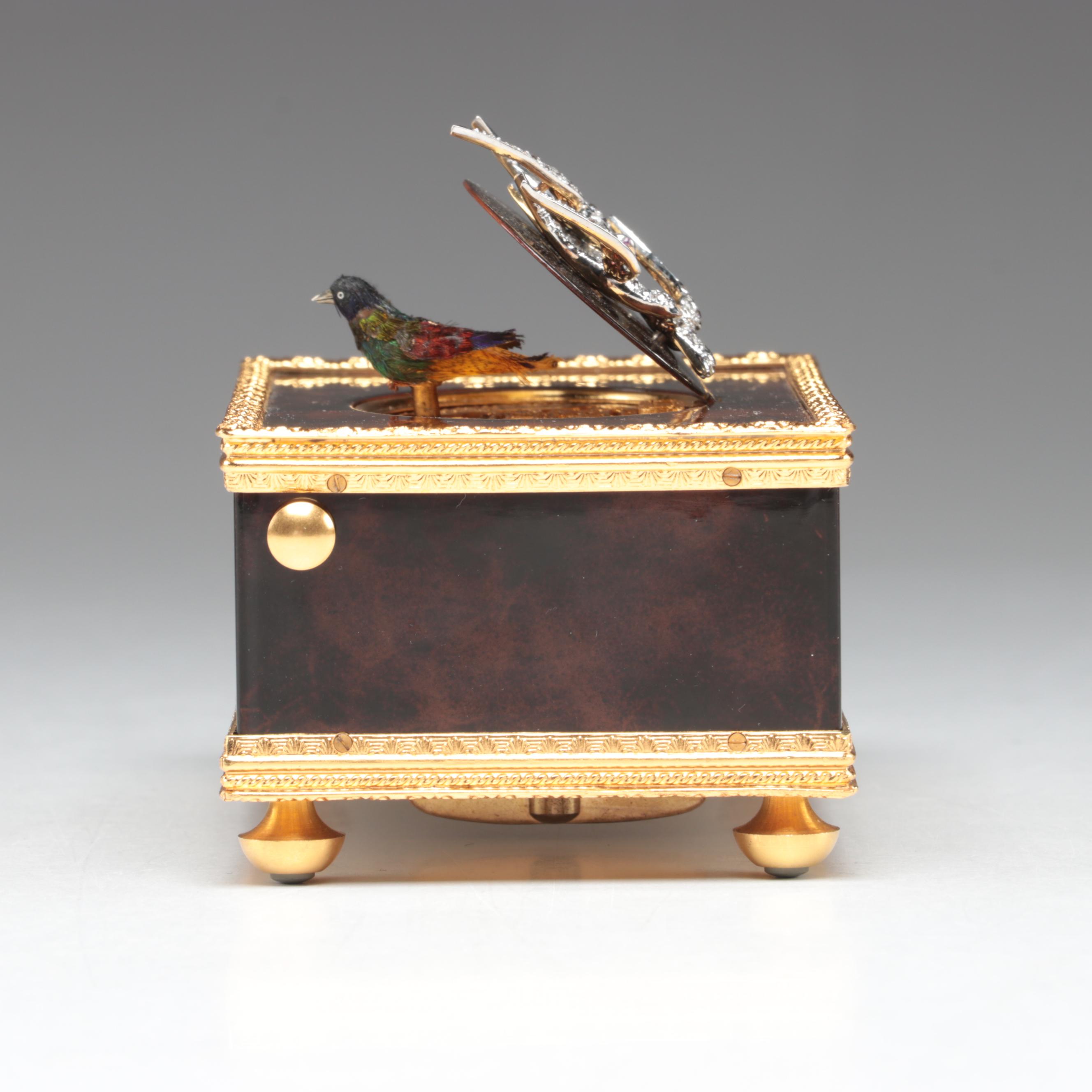 Reuge Automaton Singing Bird Music Box with Platinum, Diamond, Ruby Bird Accent