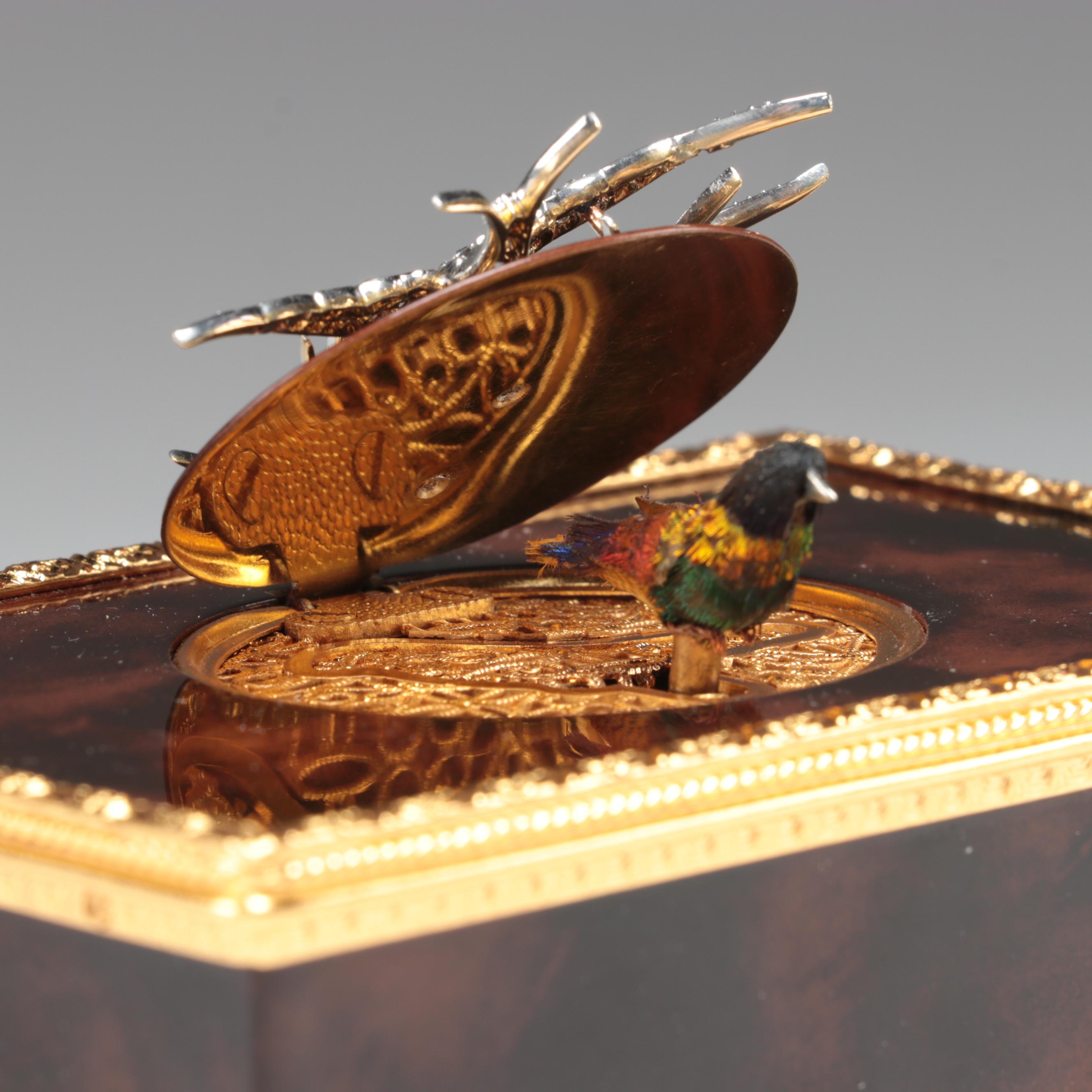 Reuge Automaton Singing Bird Music Box with Platinum, Diamond, Ruby Bird Accent
