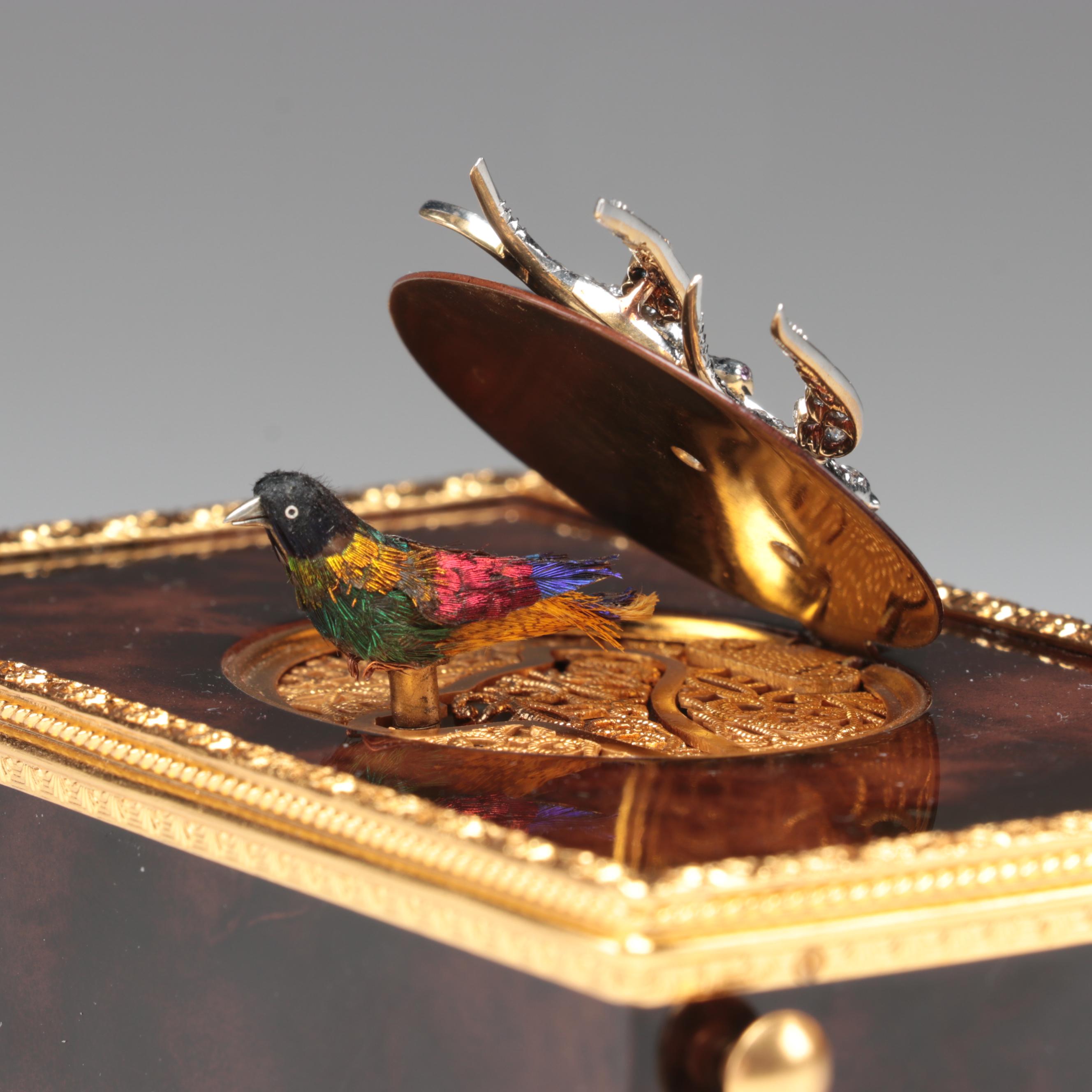 Reuge Automaton Singing Bird Music Box with Platinum, Diamond, Ruby Bird Accent