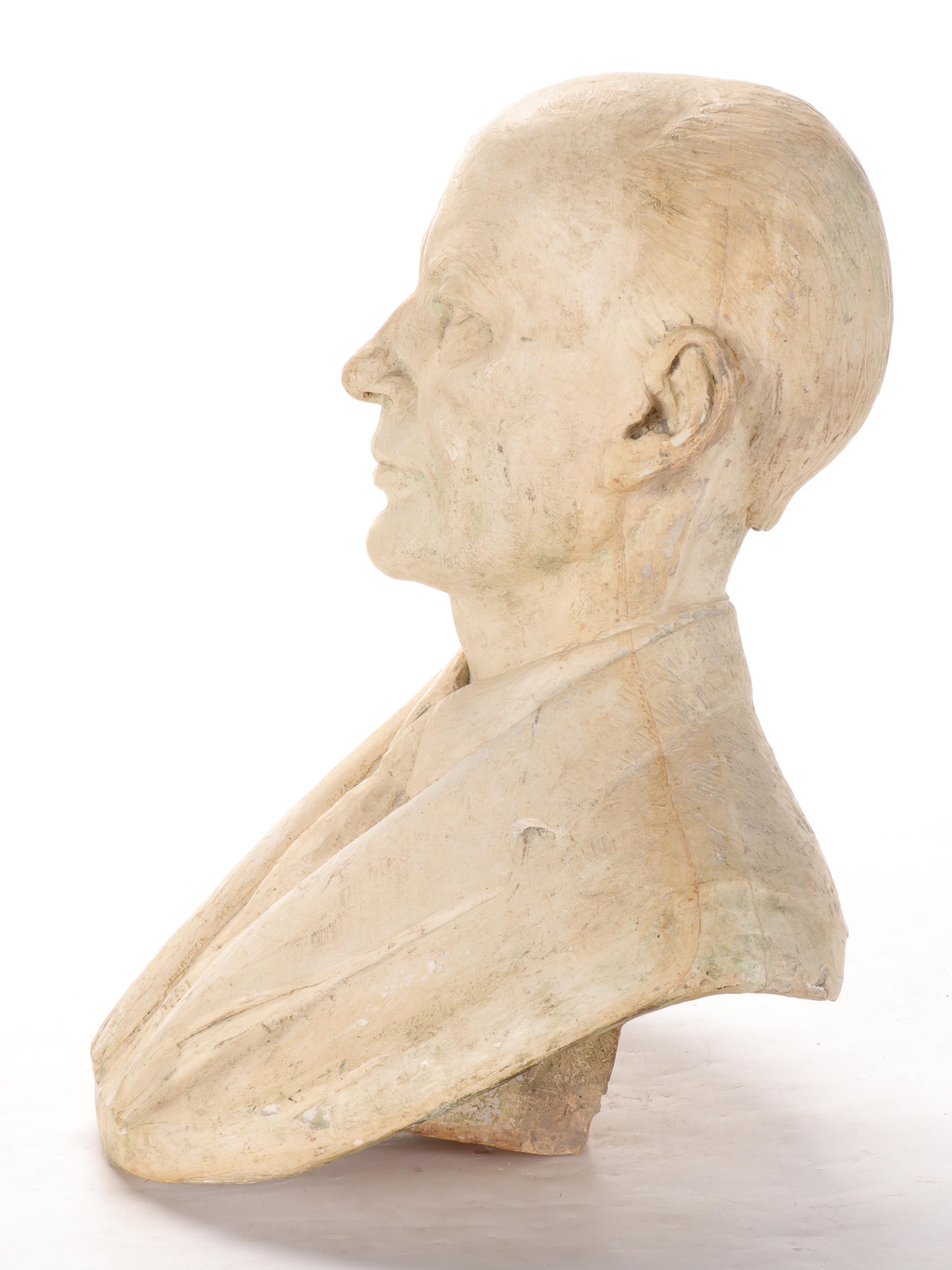 Plaster Cast Sculptural Bust of Man Wearing Suit