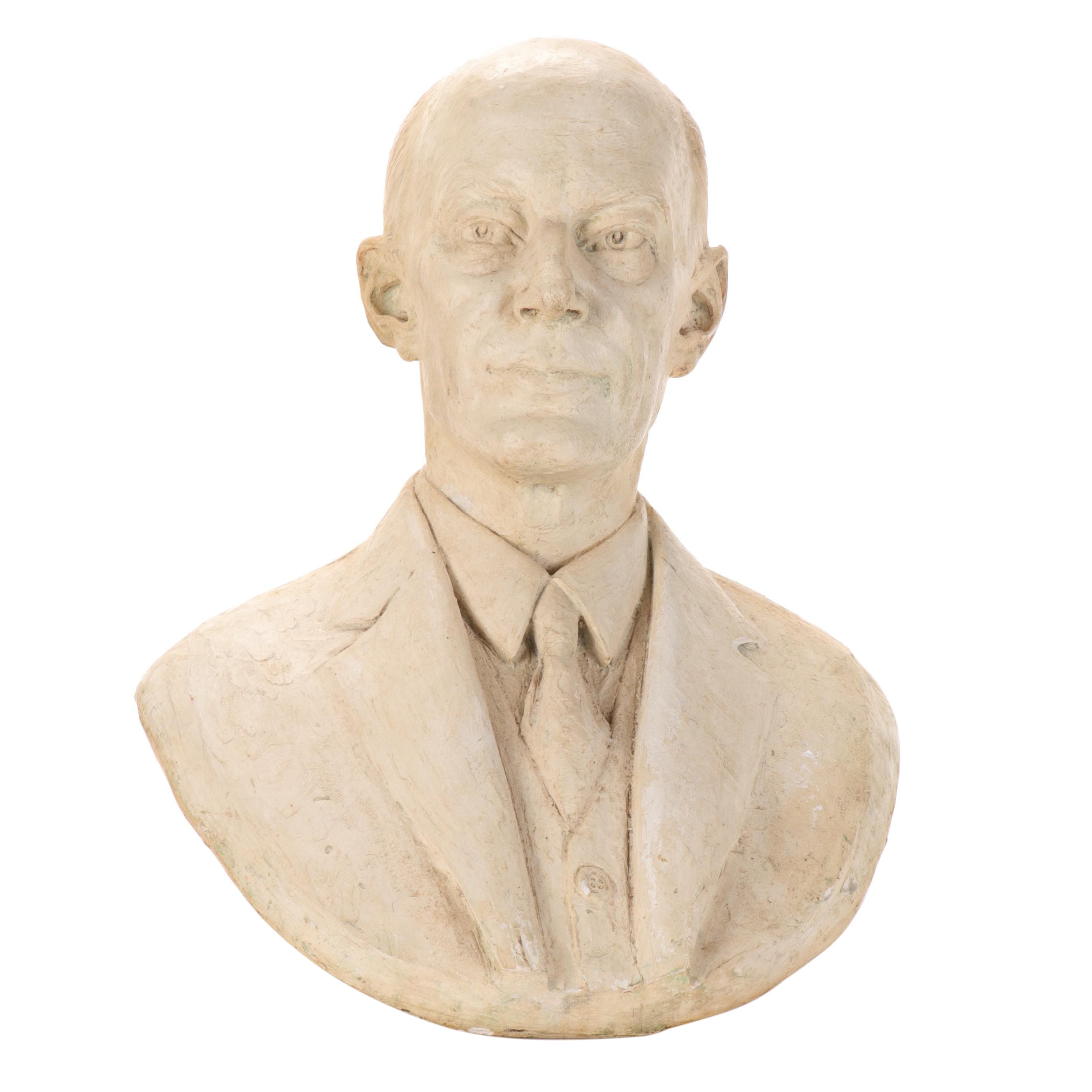 Plaster Cast Sculptural Bust of Man Wearing Suit