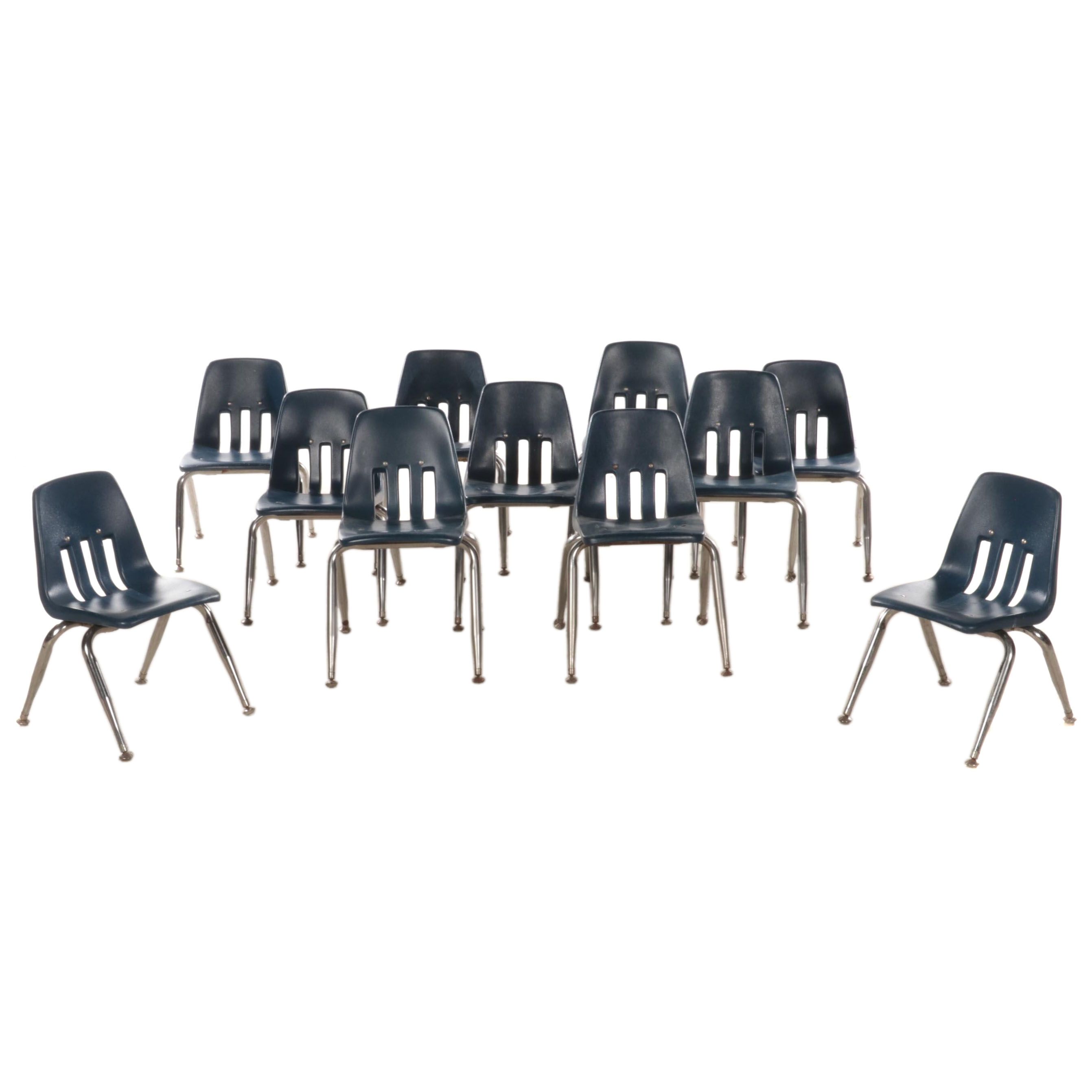 Eleven VIRCO Chrome and Navy Blue Molded Plastic Child's Stacking Side Chairs
