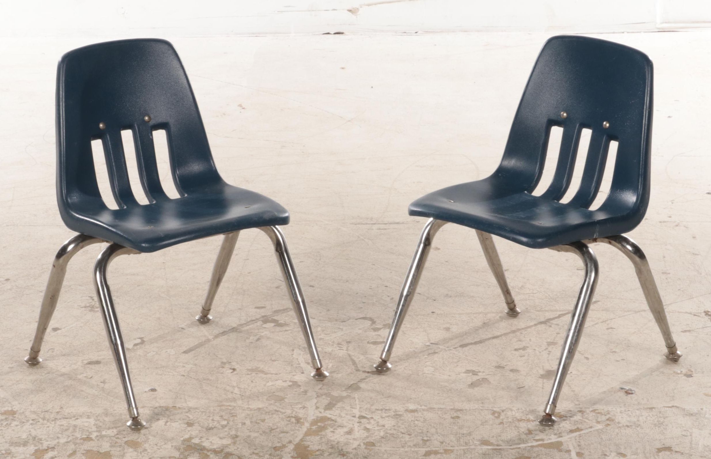 Eleven VIRCO Chrome and Navy Blue Molded Plastic Child's Stacking Side Chairs