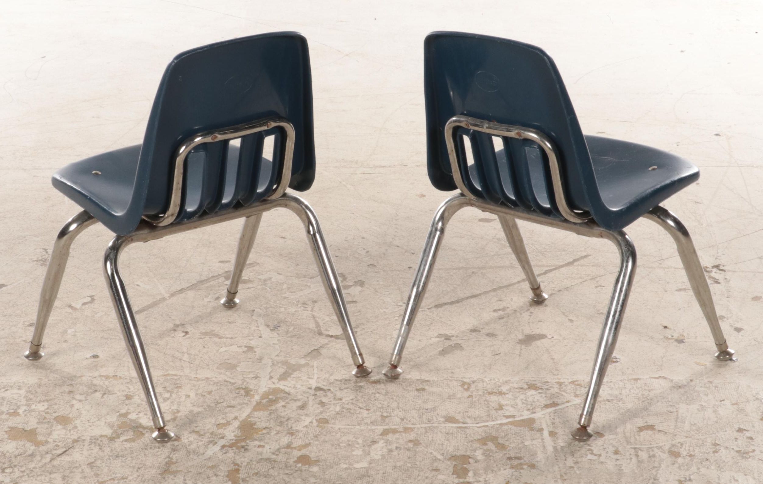 Eleven VIRCO Chrome and Navy Blue Molded Plastic Child's Stacking Side Chairs