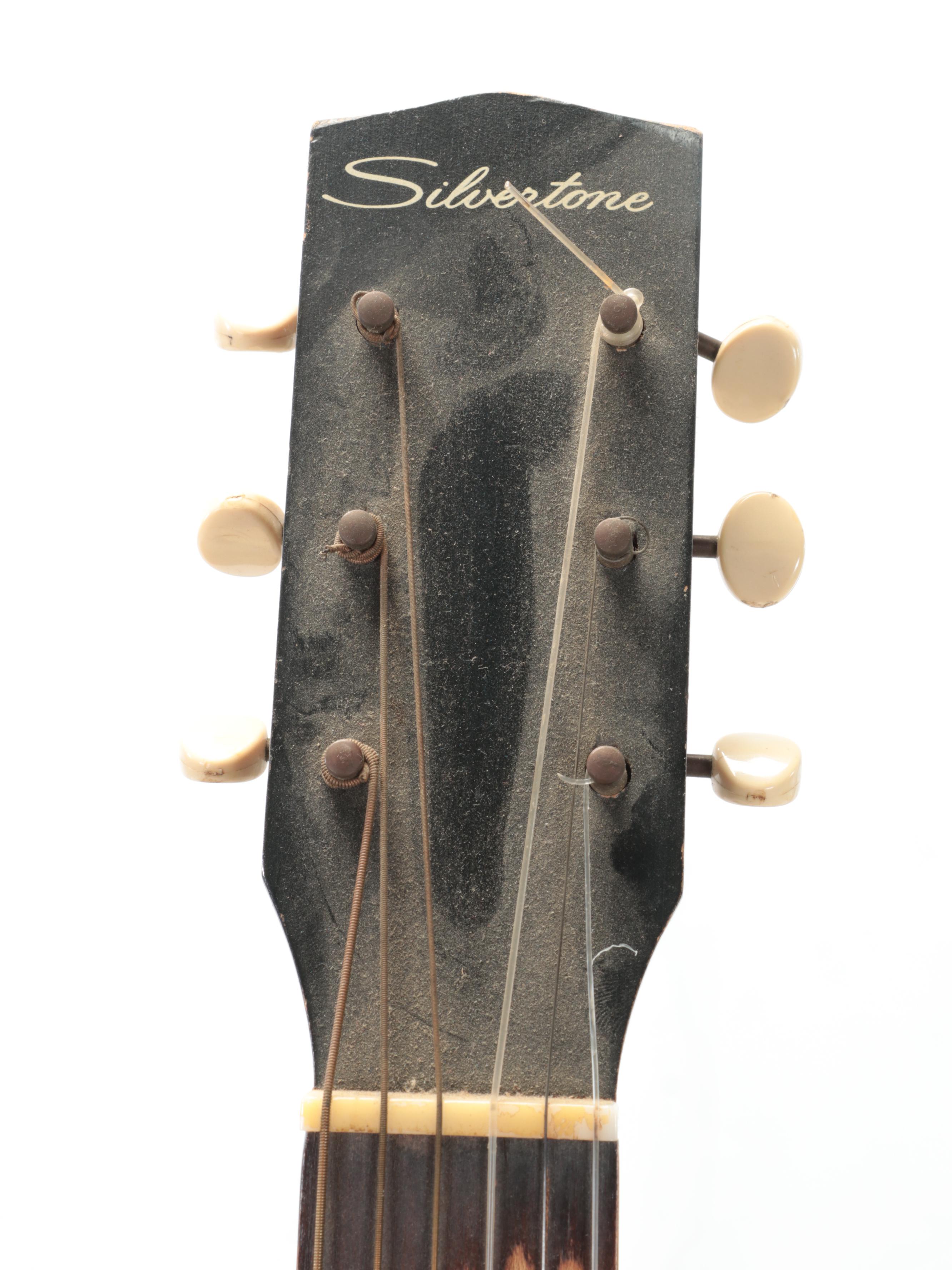 Silvertone Acoustic Guitar with Case and Sheet Music, Late 20th Century