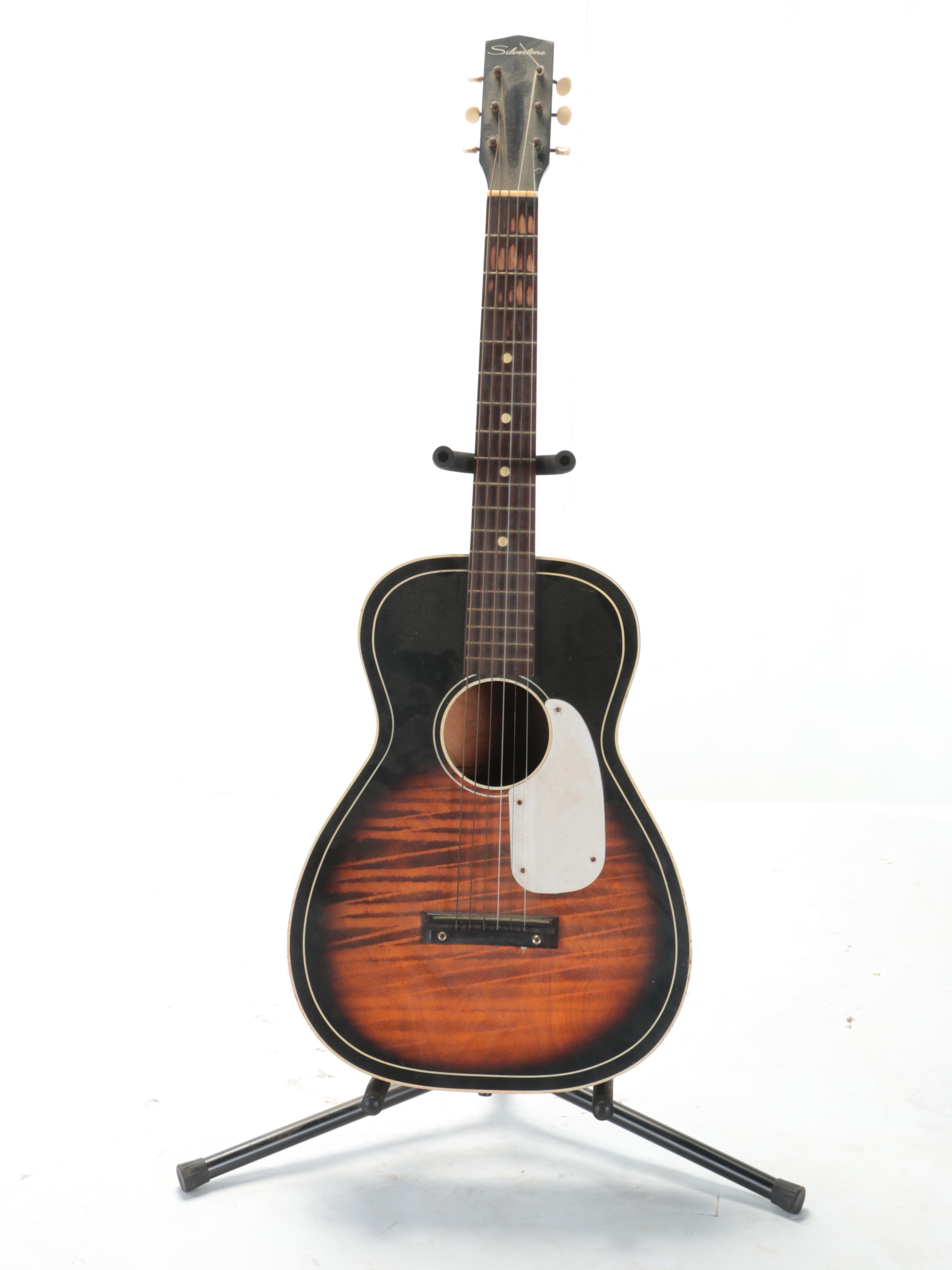 Silvertone Acoustic Guitar with Case and Sheet Music, Late 20th Century