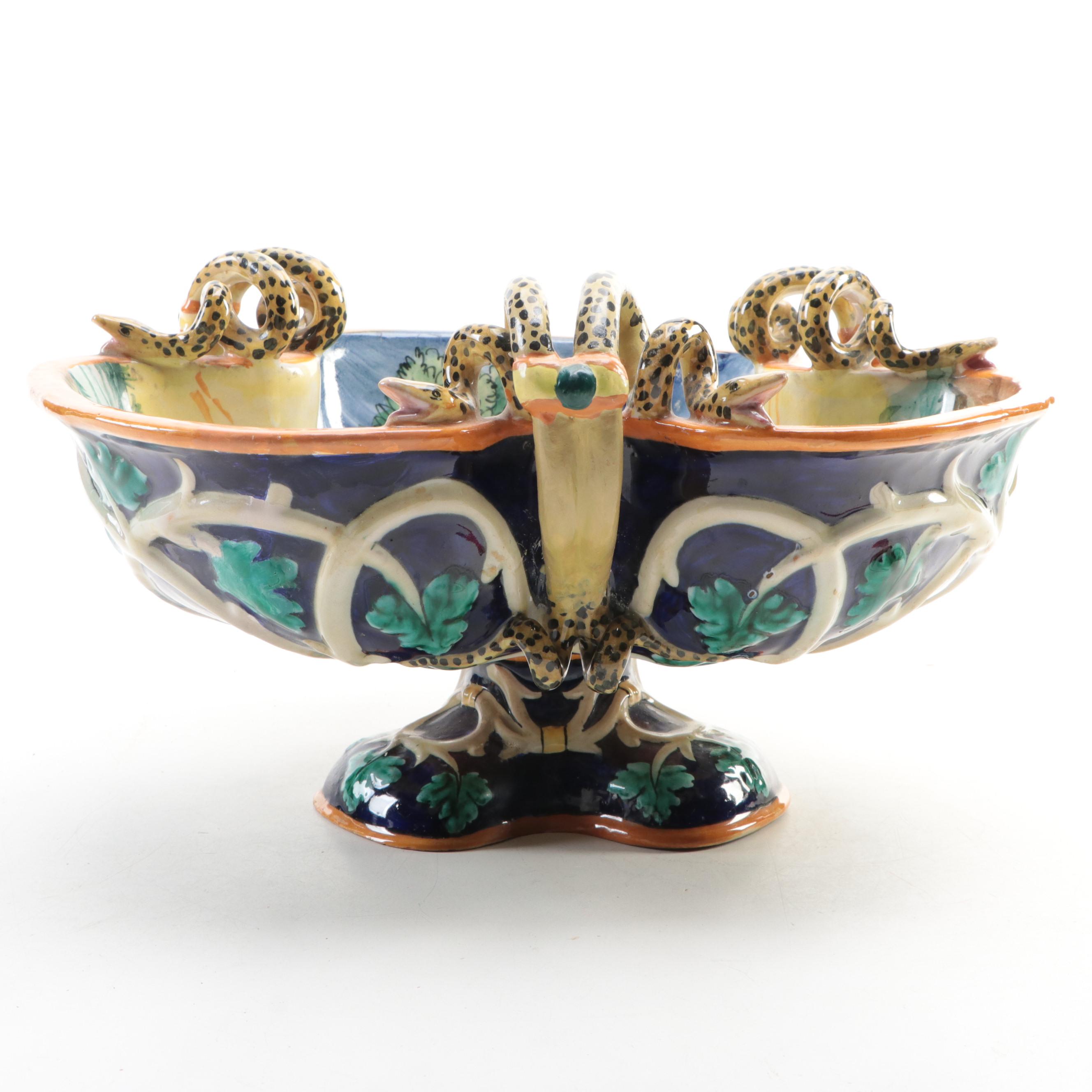 Egisto Fantechi Italian Majolica Hand-Painted Footed Bowl with Snake Handles