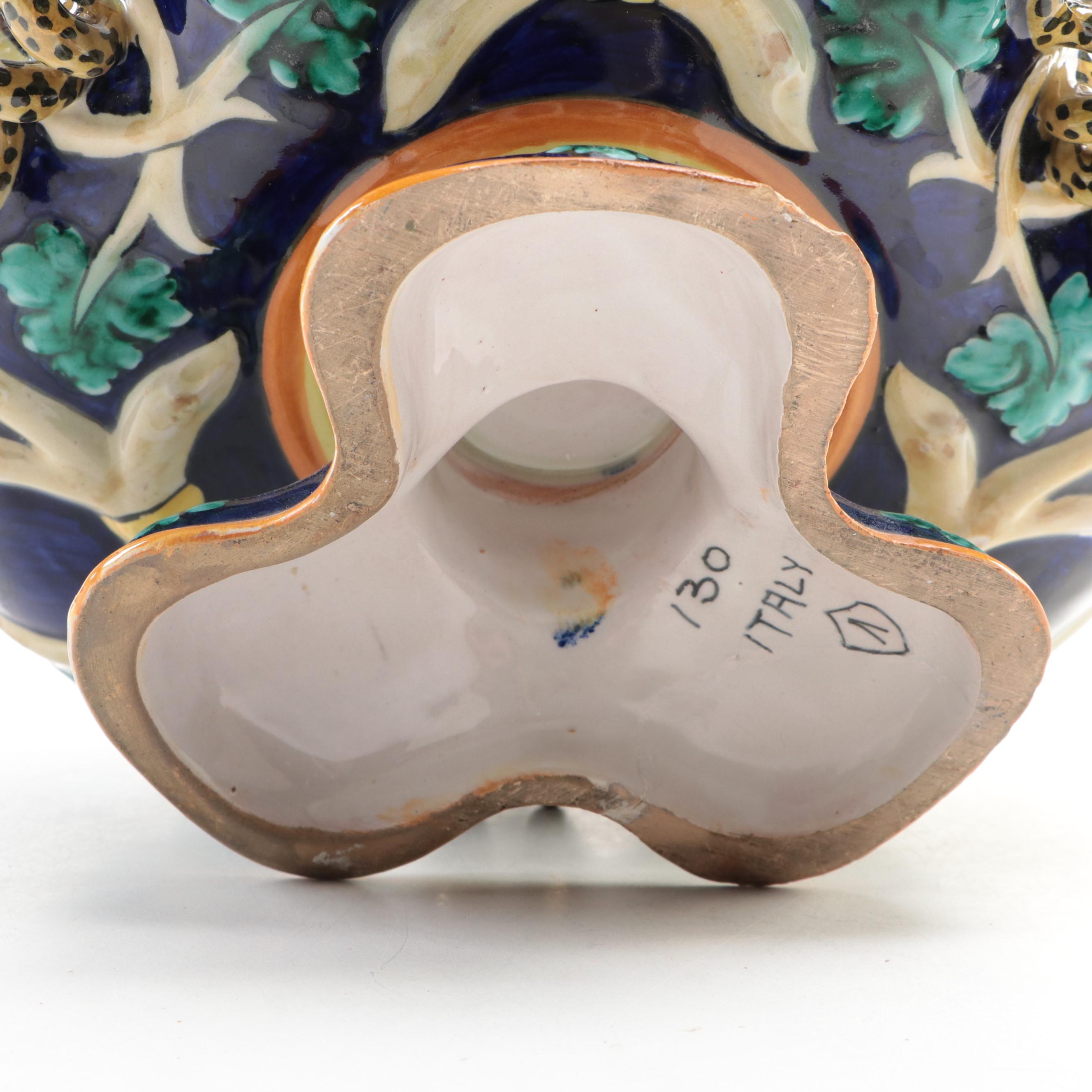 Egisto Fantechi Italian Majolica Hand-Painted Footed Bowl with Snake Handles