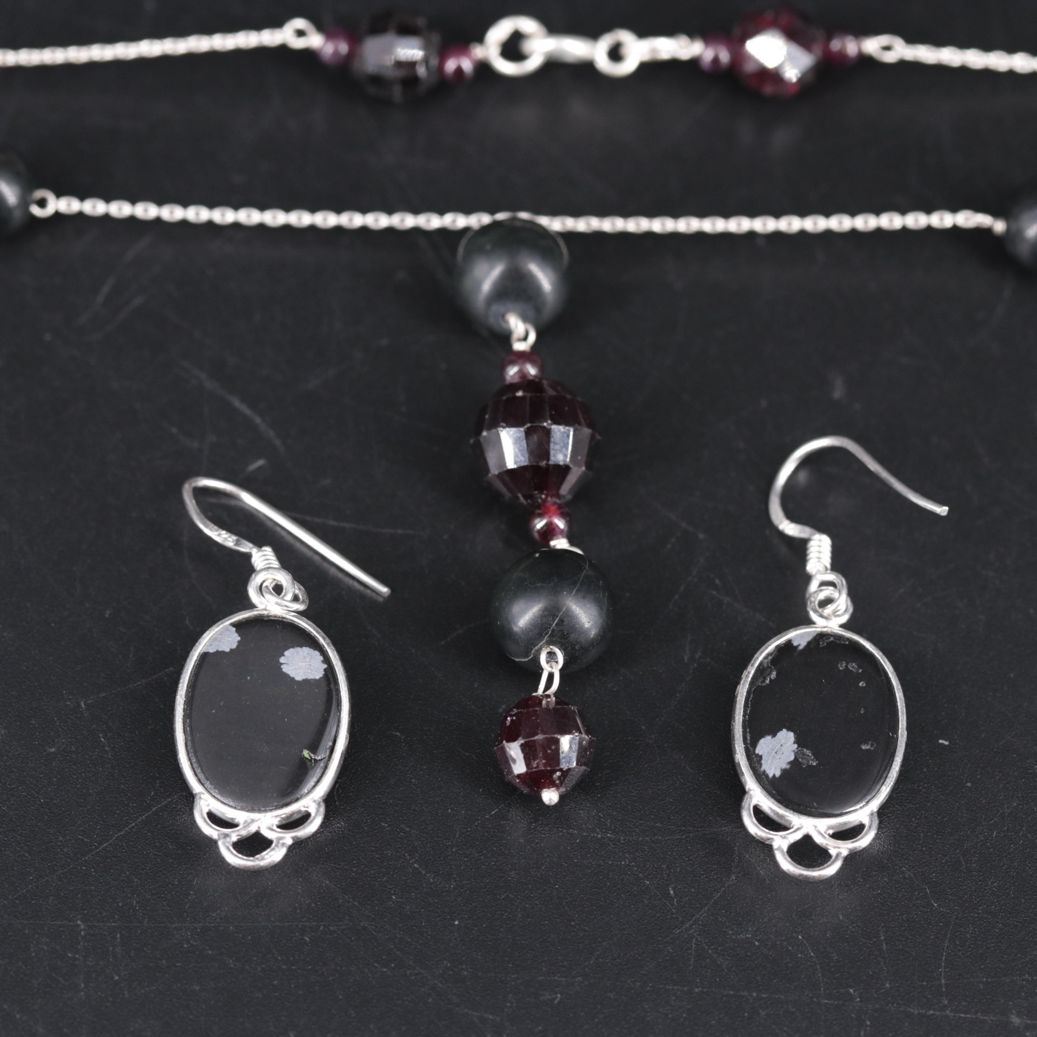 Sterling Silver Necklace and Earrings Including Gemstones