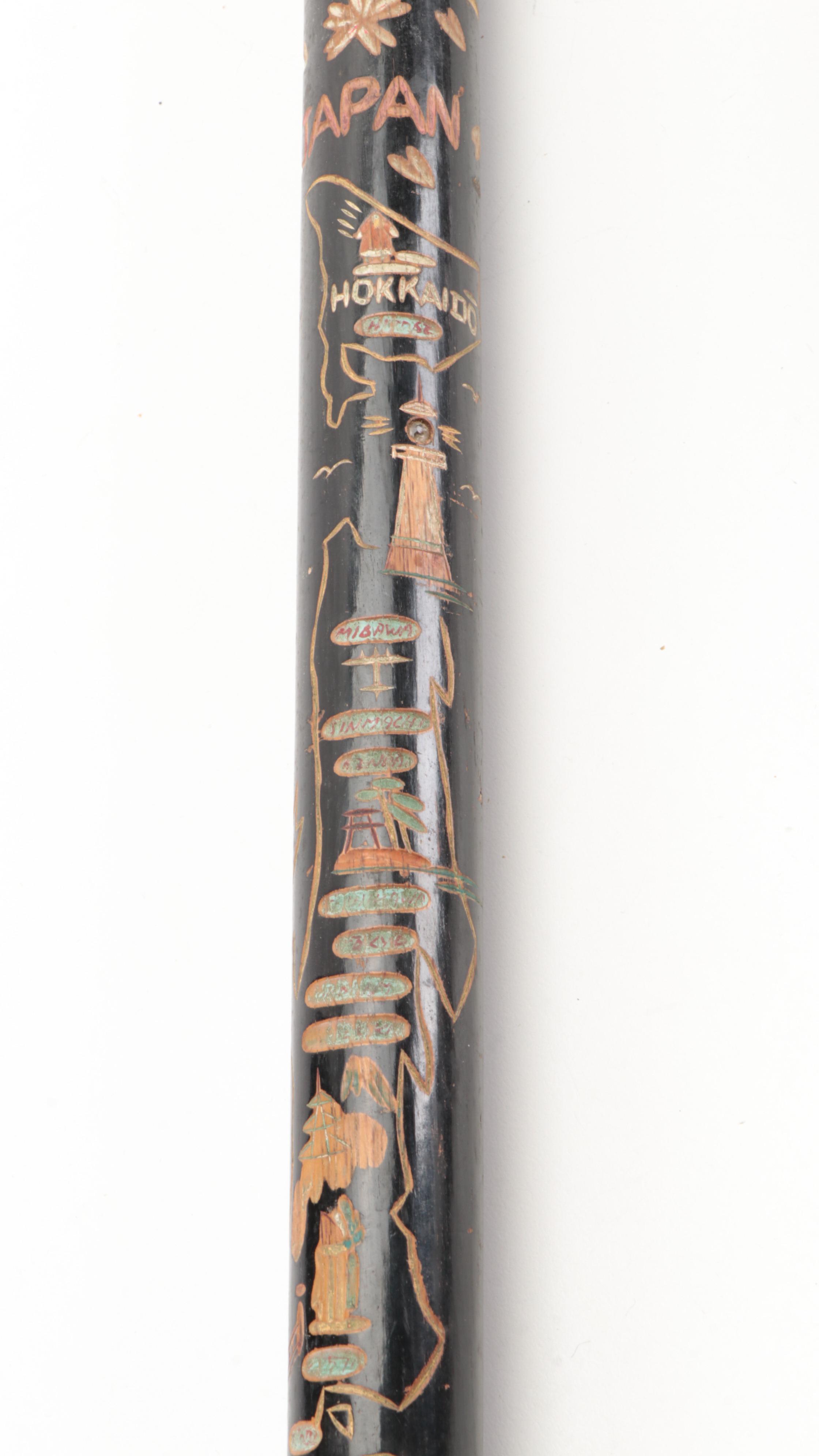 Pool Cue Vintage Japanese Walking Stick, Brass-Inlaid Folk Art and Other Canes