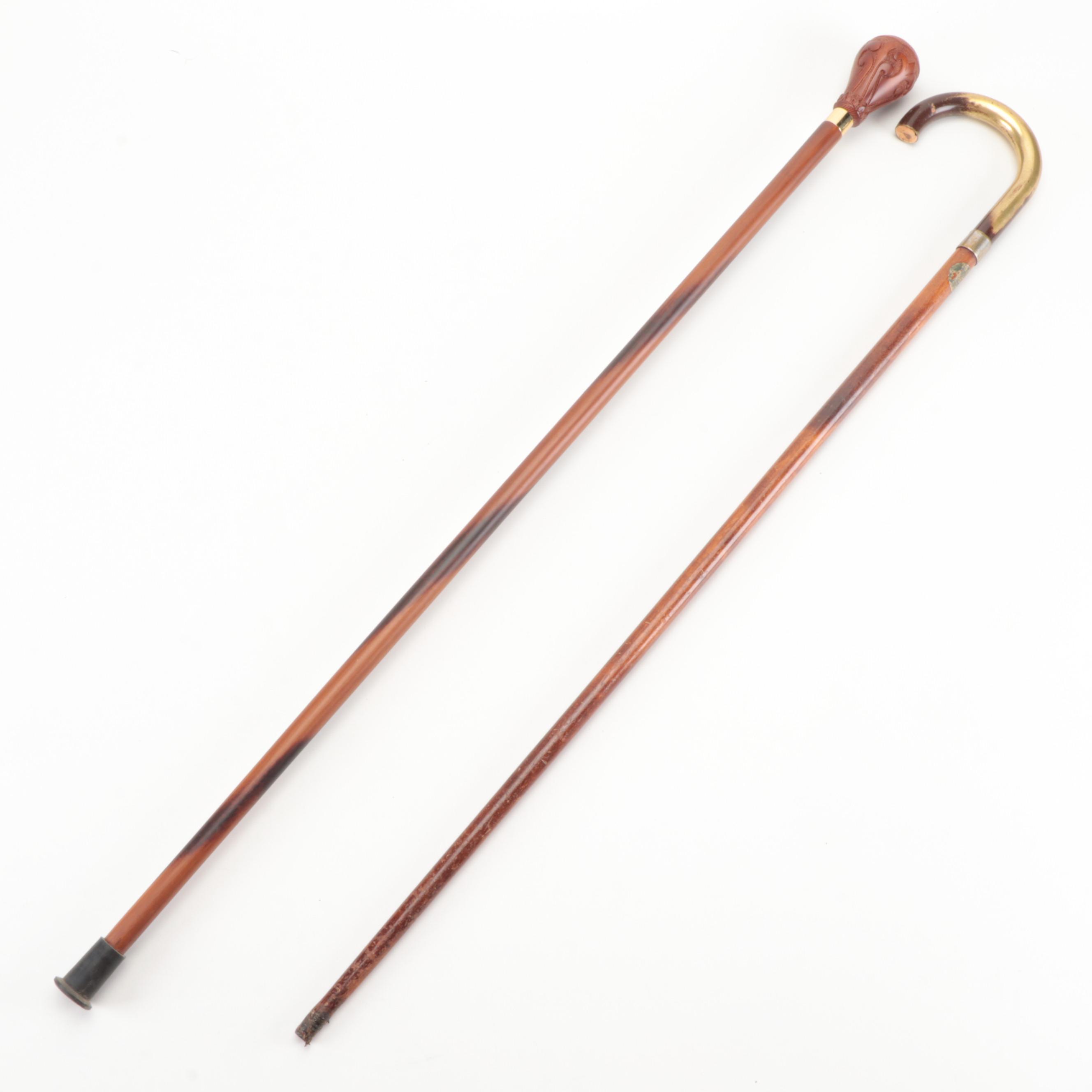 Pool Cue Vintage Japanese Walking Stick, Brass-Inlaid Folk Art and Other Canes