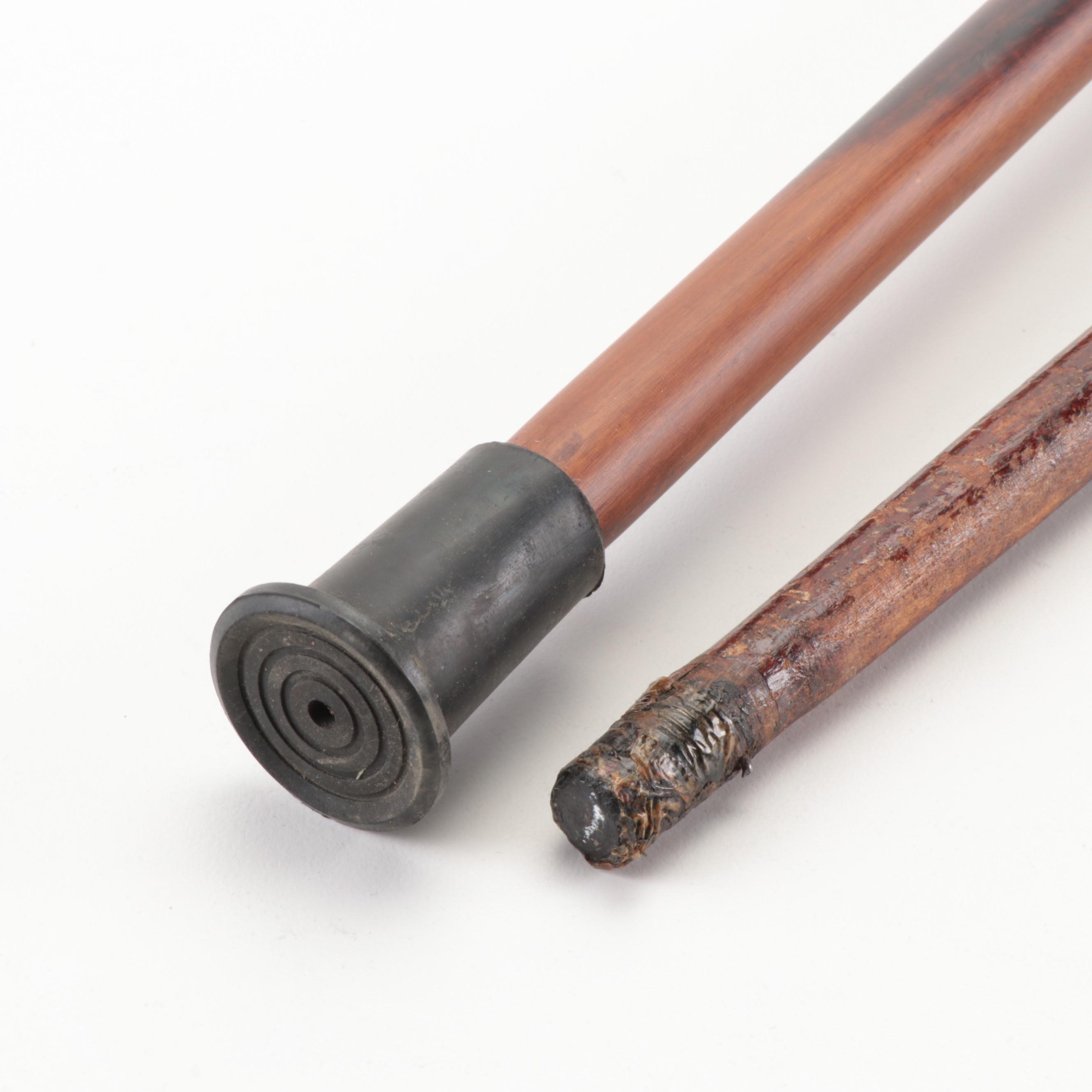 Pool Cue Vintage Japanese Walking Stick, Brass-Inlaid Folk Art and Other Canes