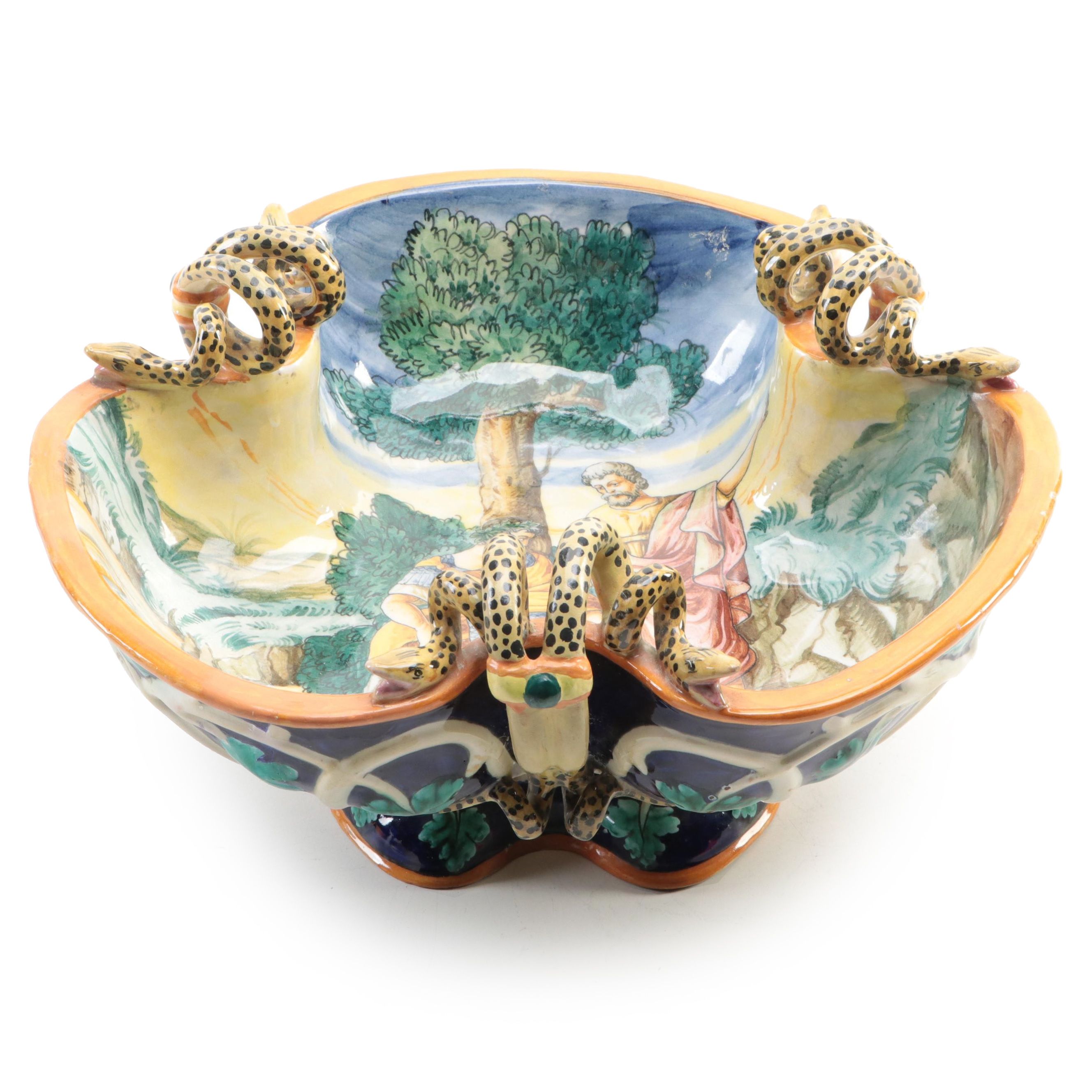 Egisto Fantechi Italian Majolica Hand-Painted Footed Bowl with Snake Handles