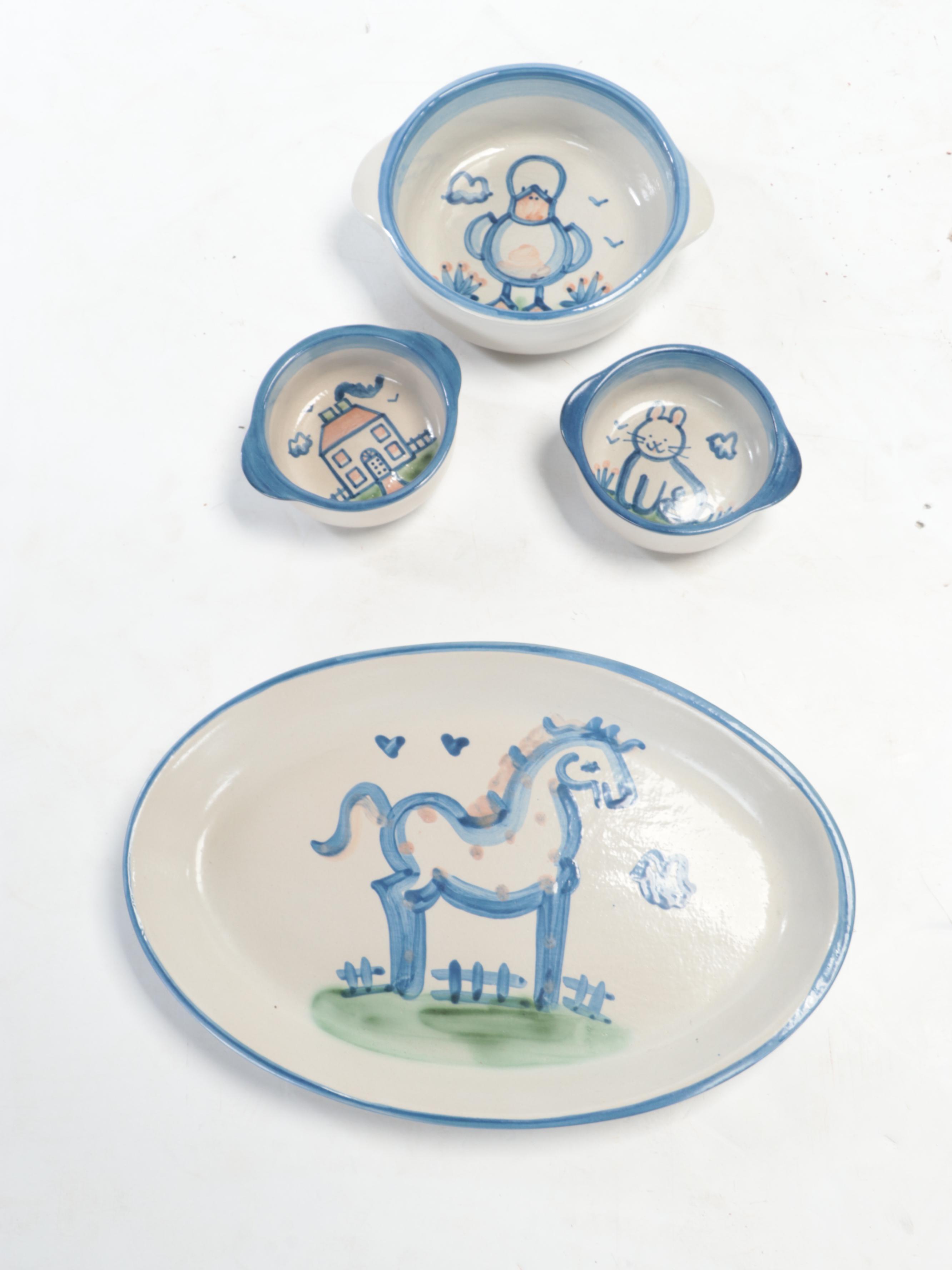 M.A. Hadley Pottery "Country Scene" Hand-Painted Ceramic Dinnerware