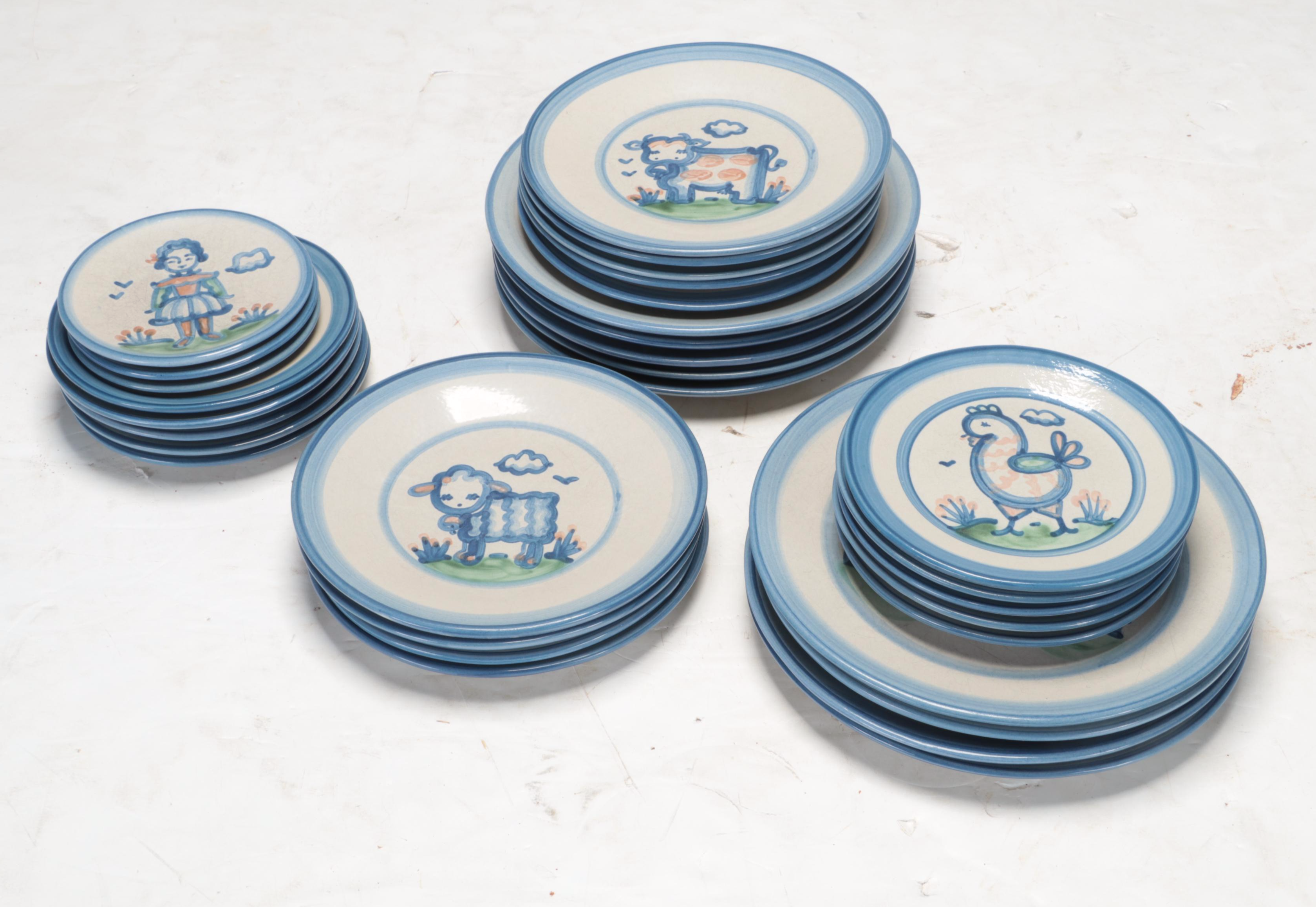 M.A. Hadley Pottery "Country Scene" Hand-Painted Ceramic Dinnerware