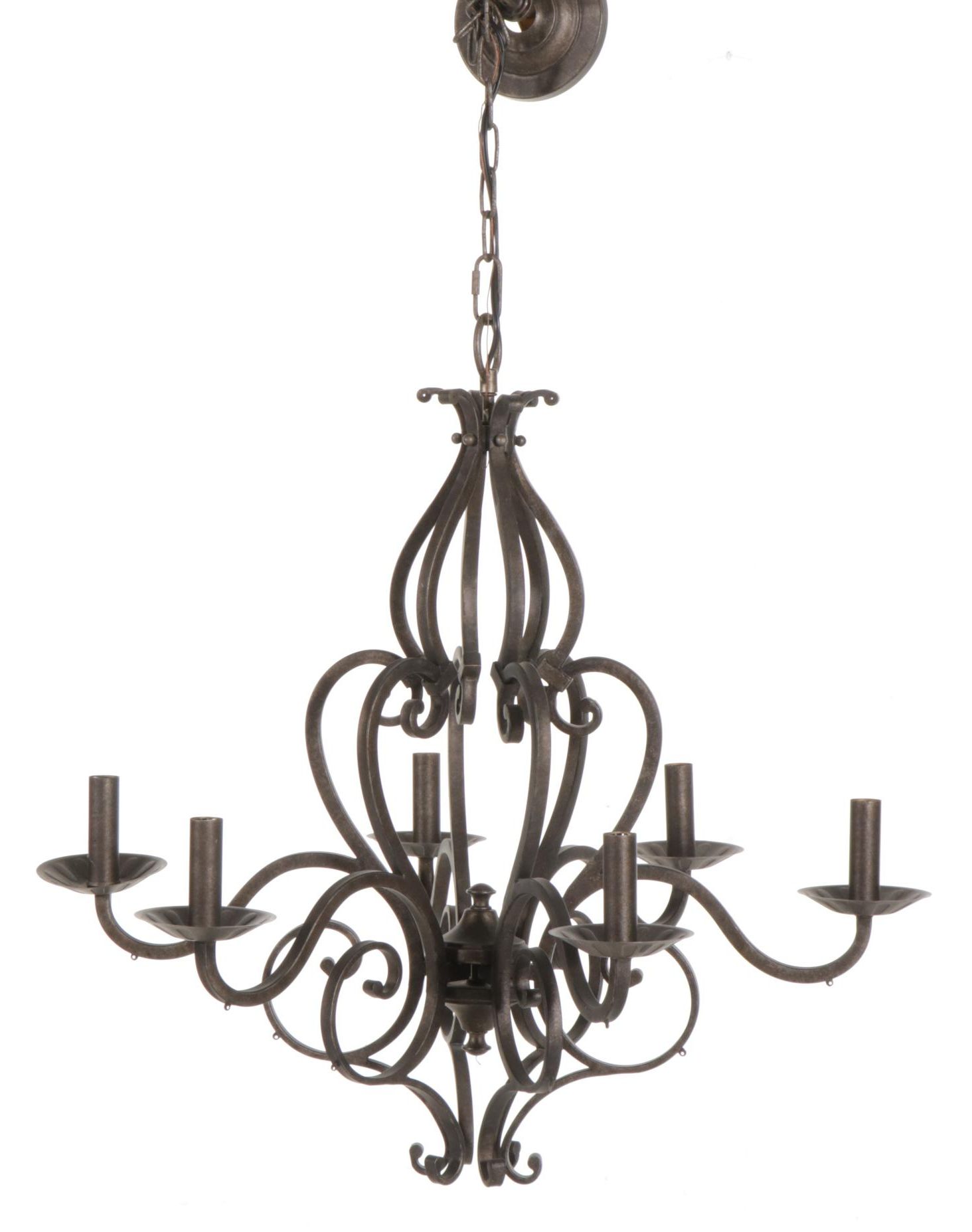 Pasquale Miranda for Feiss Scroll Metal Six-Arm Chandelier and Prisms and Shades