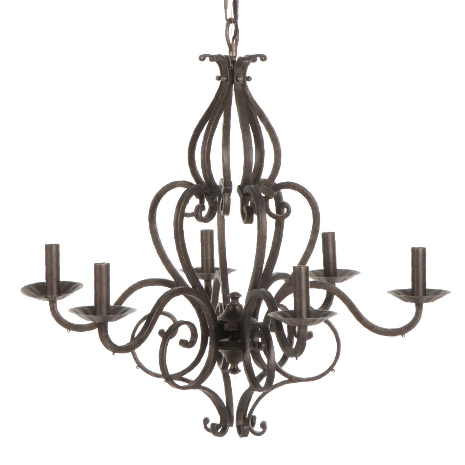 Pasquale Miranda for Feiss Scroll Metal Six-Arm Chandelier and Prisms and Shades