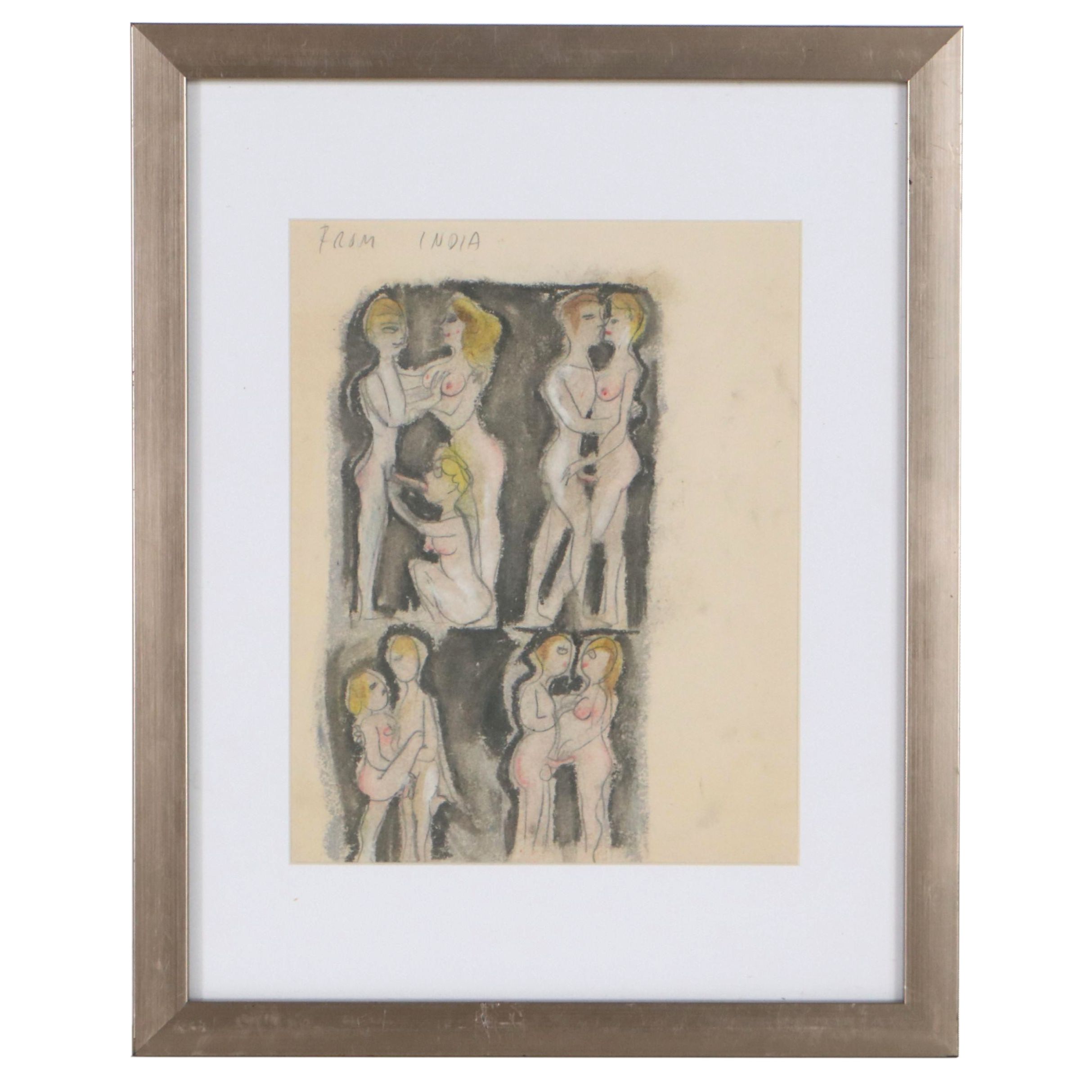 Leon Wall Erotic Mixed Media Drawing "From India"