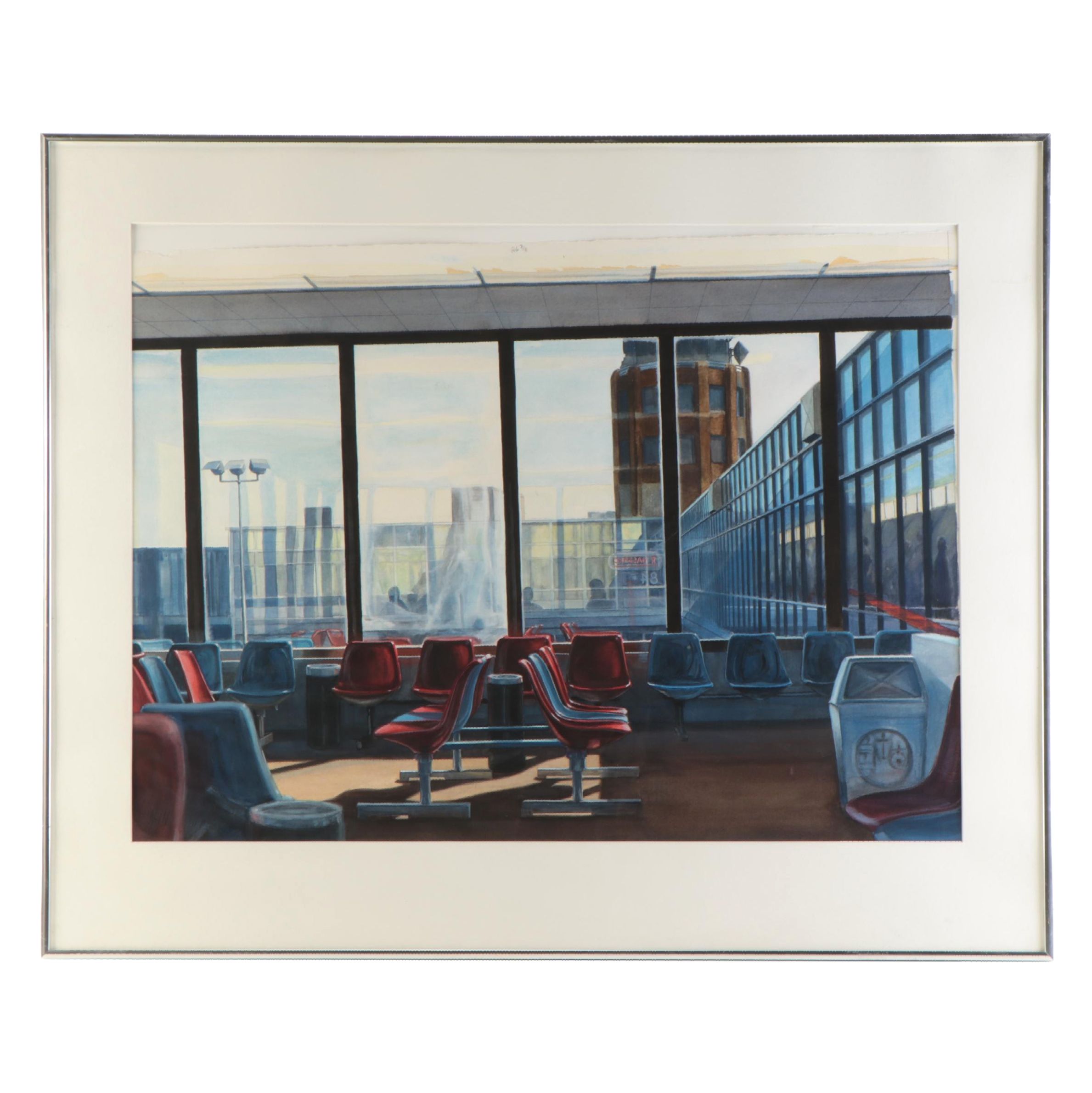 Ray Hassard Watercolor Painting "Departure Lounge," 1984