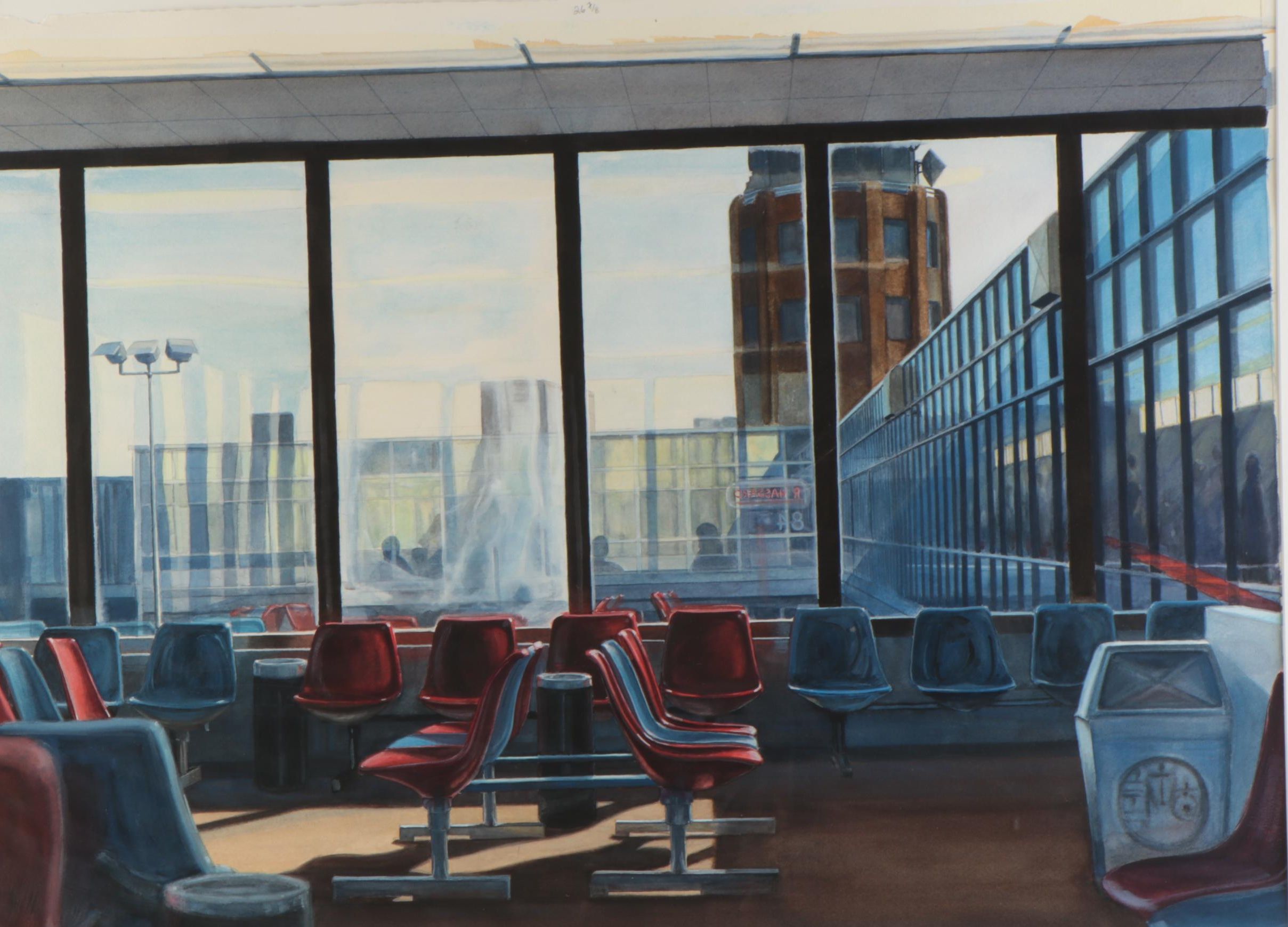 Ray Hassard Watercolor Painting "Departure Lounge," 1984