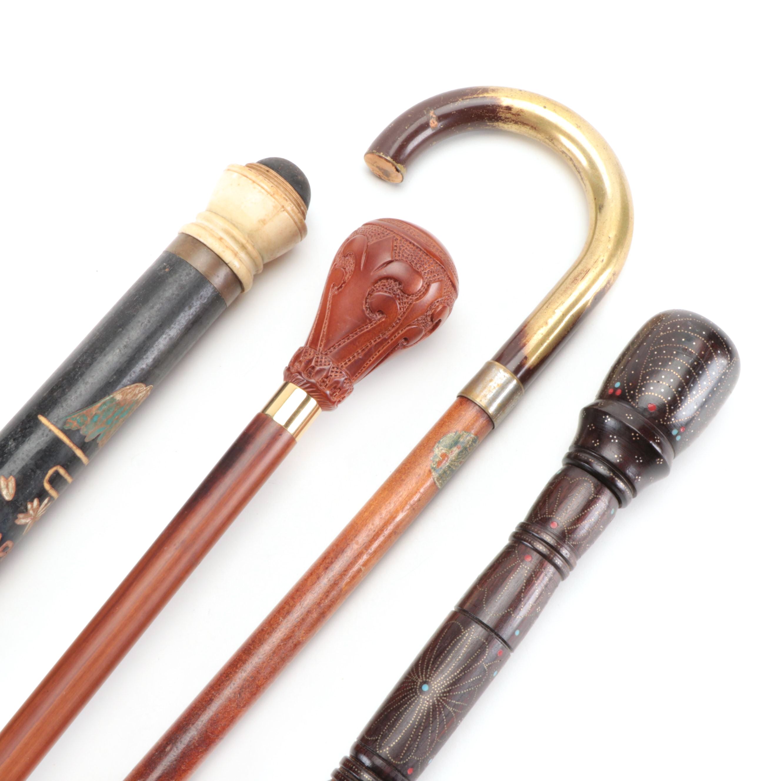 Pool Cue Vintage Japanese Walking Stick, Brass-Inlaid Folk Art and Other Canes