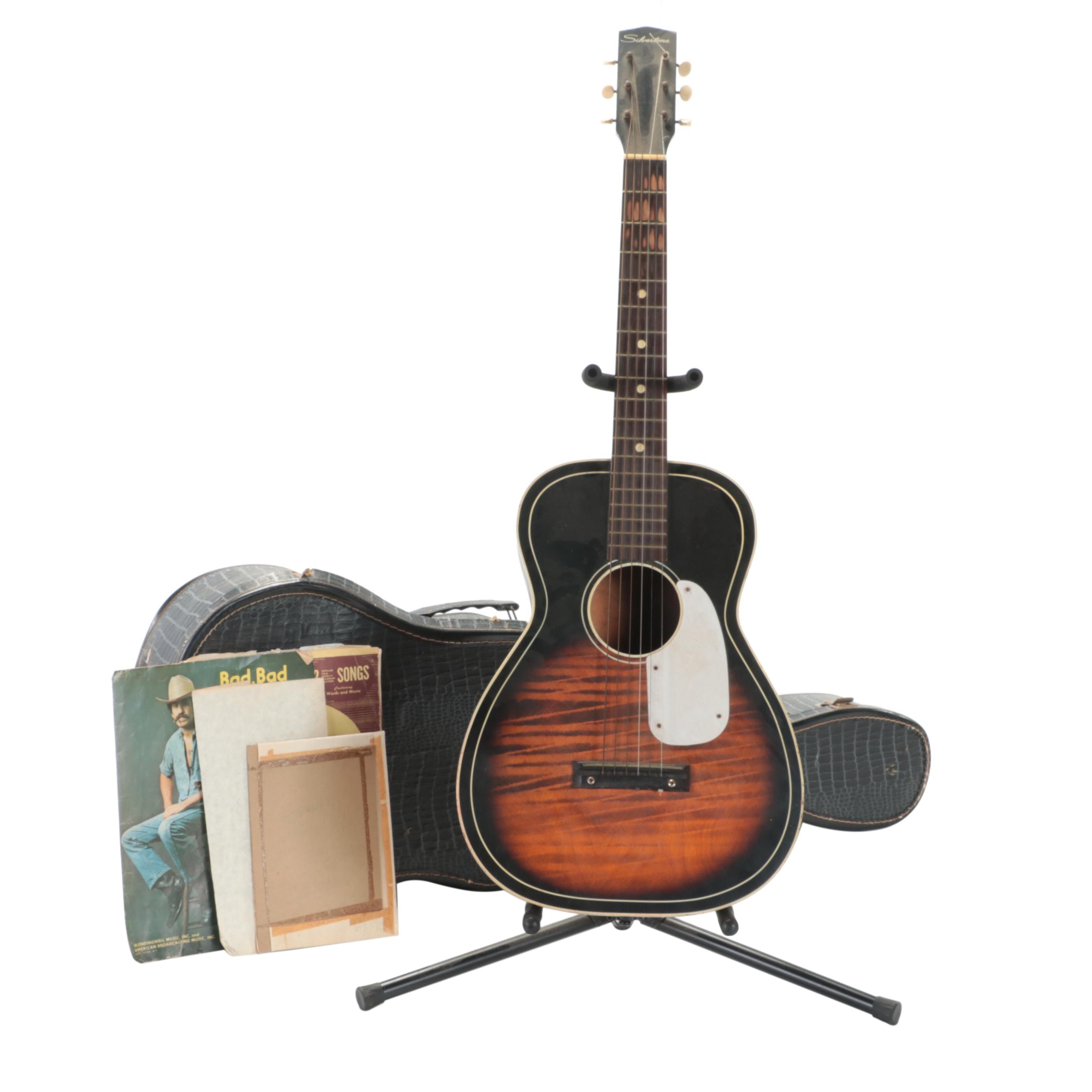 Silvertone Acoustic Guitar with Case and Sheet Music, Late 20th Century