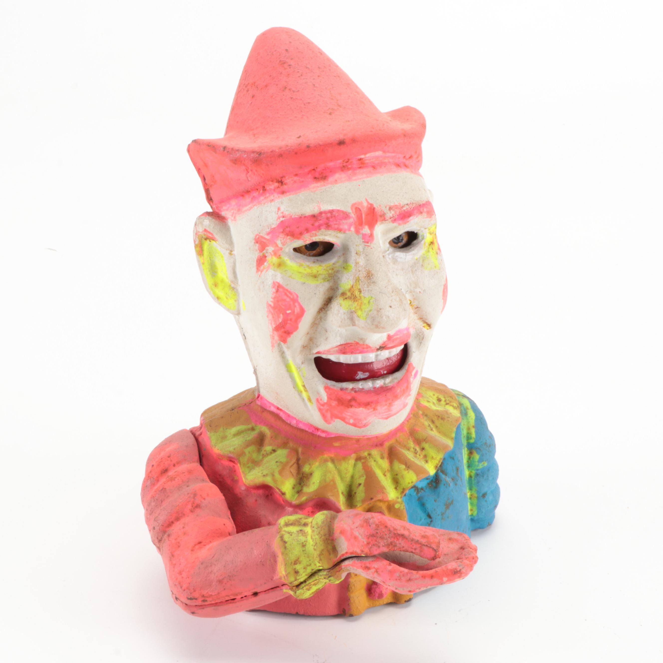Painted Cast Iron Humpty Dumpty Jester Clown Coin Bank With Soldier Nutcracker