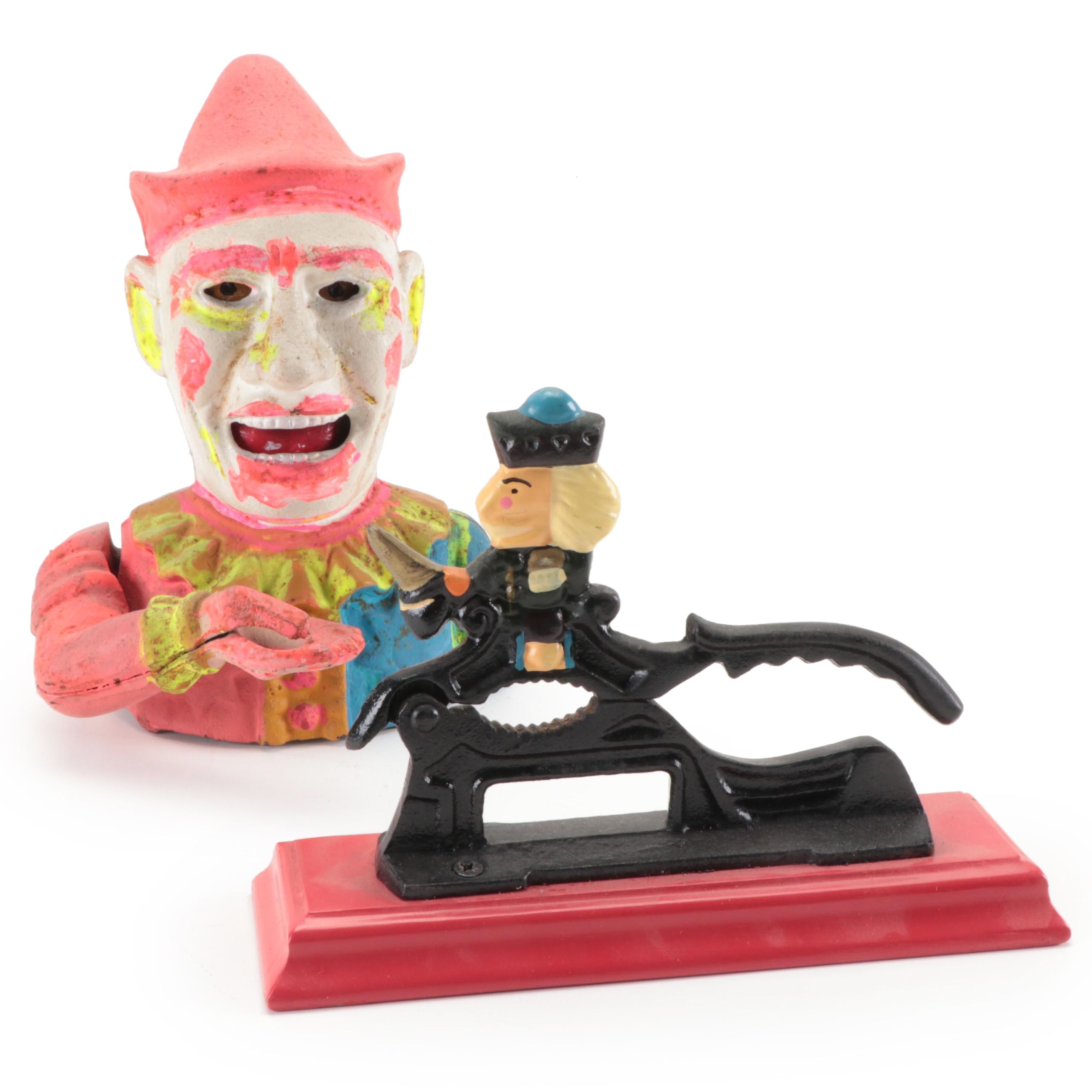 Painted Cast Iron Humpty Dumpty Jester Clown Coin Bank With Soldier Nutcracker