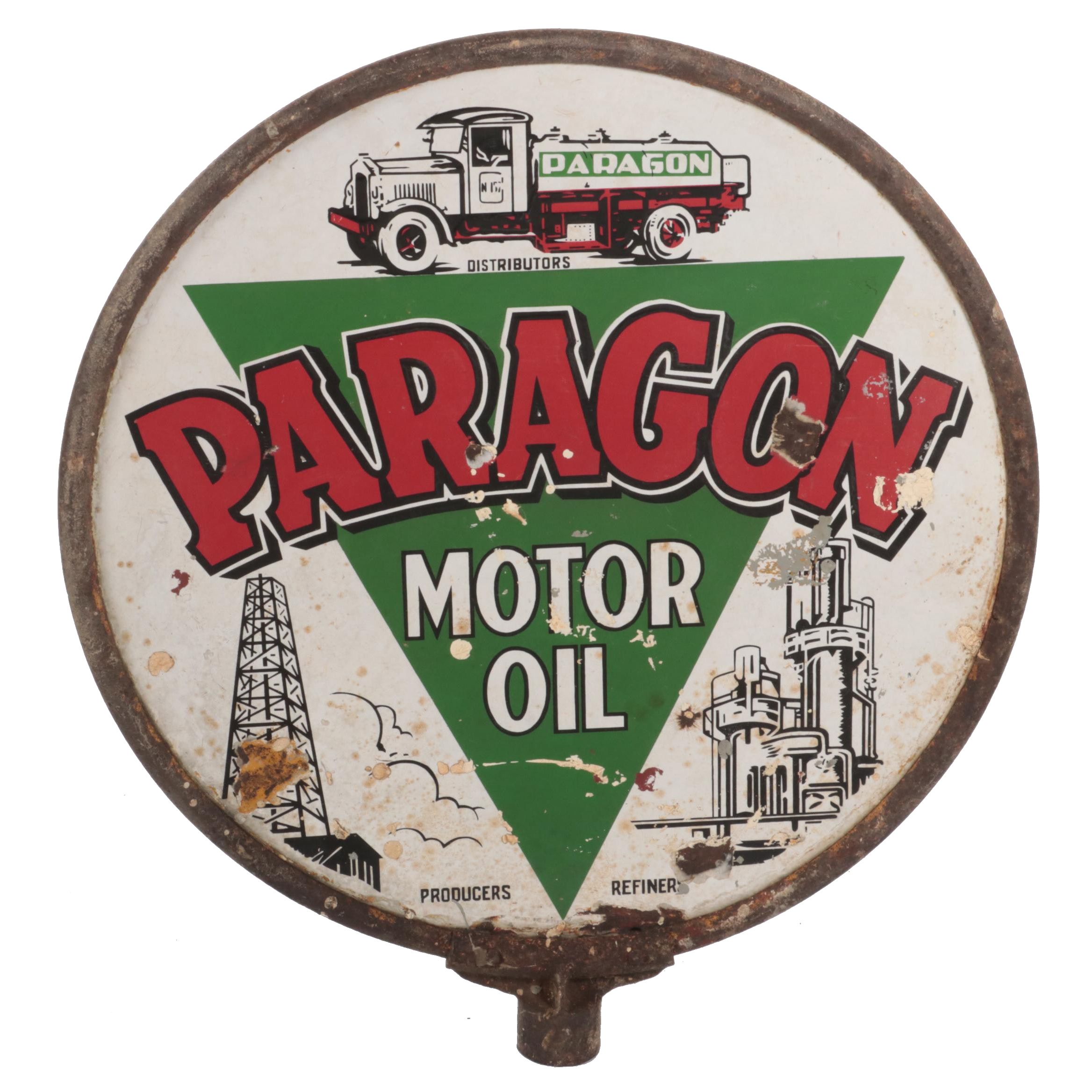 Double-Sided Paragon Motor Oil Garage Sign in Iron Frame, Early to Mid ...