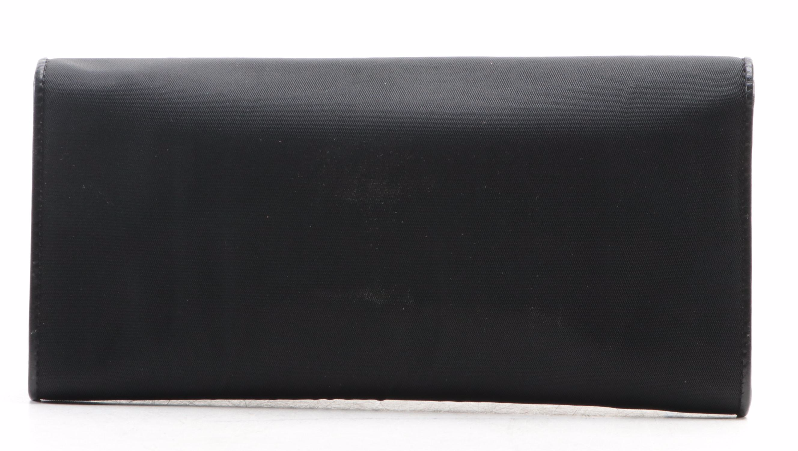 Prada Tessuto Nylon Wallet with Embellished Logo and Leather Trim