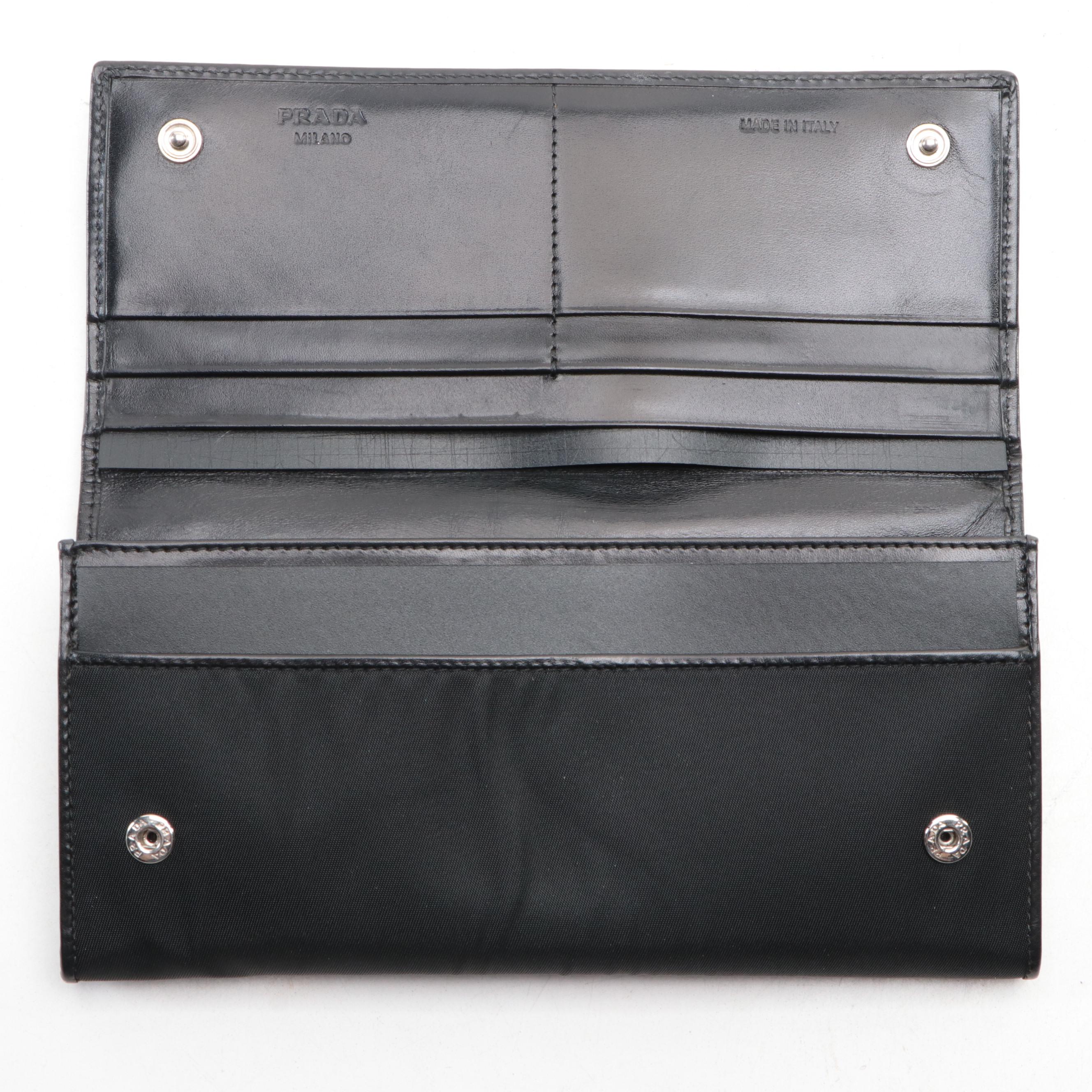 Prada Tessuto Nylon Wallet with Embellished Logo and Leather Trim