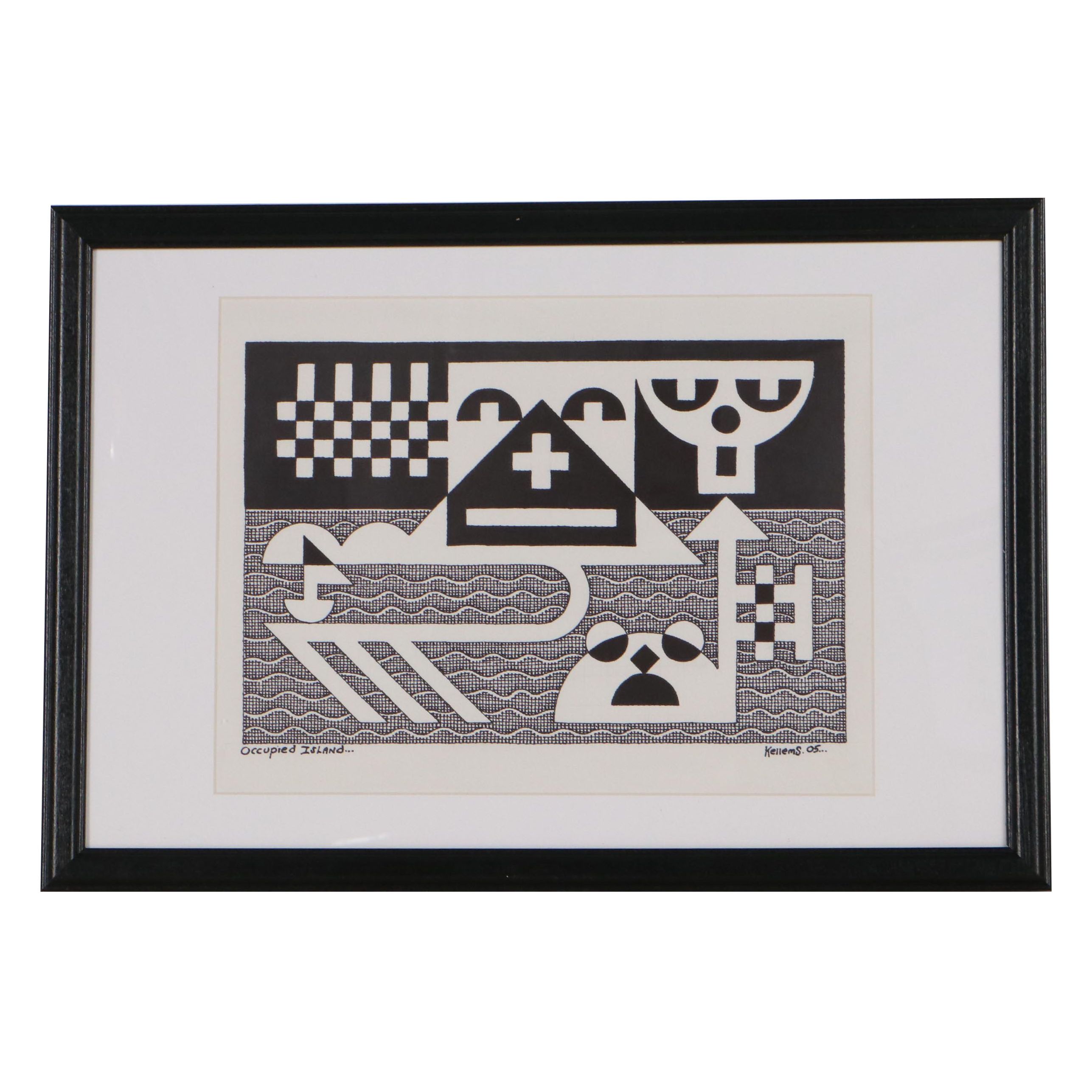 Jerry Kellems Abstract Ink Drawing "Occupied Island," 2005