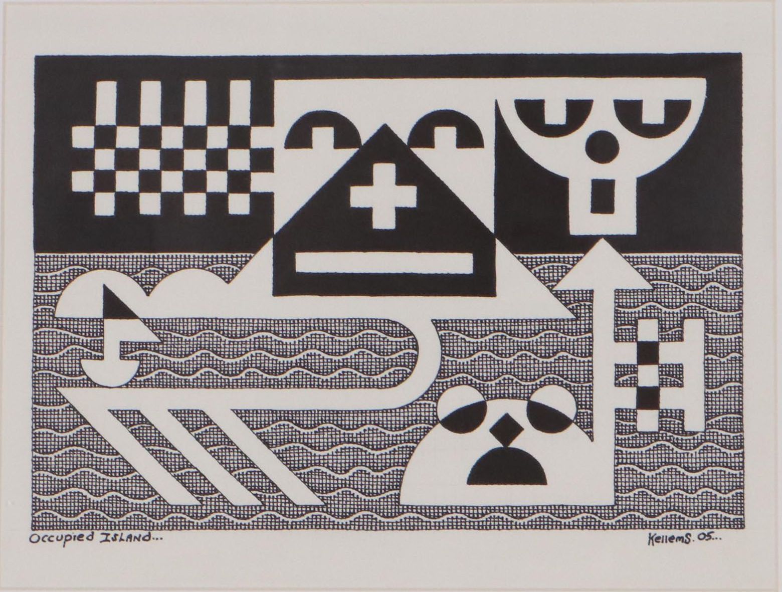 Jerry Kellems Abstract Ink Drawing "Occupied Island," 2005