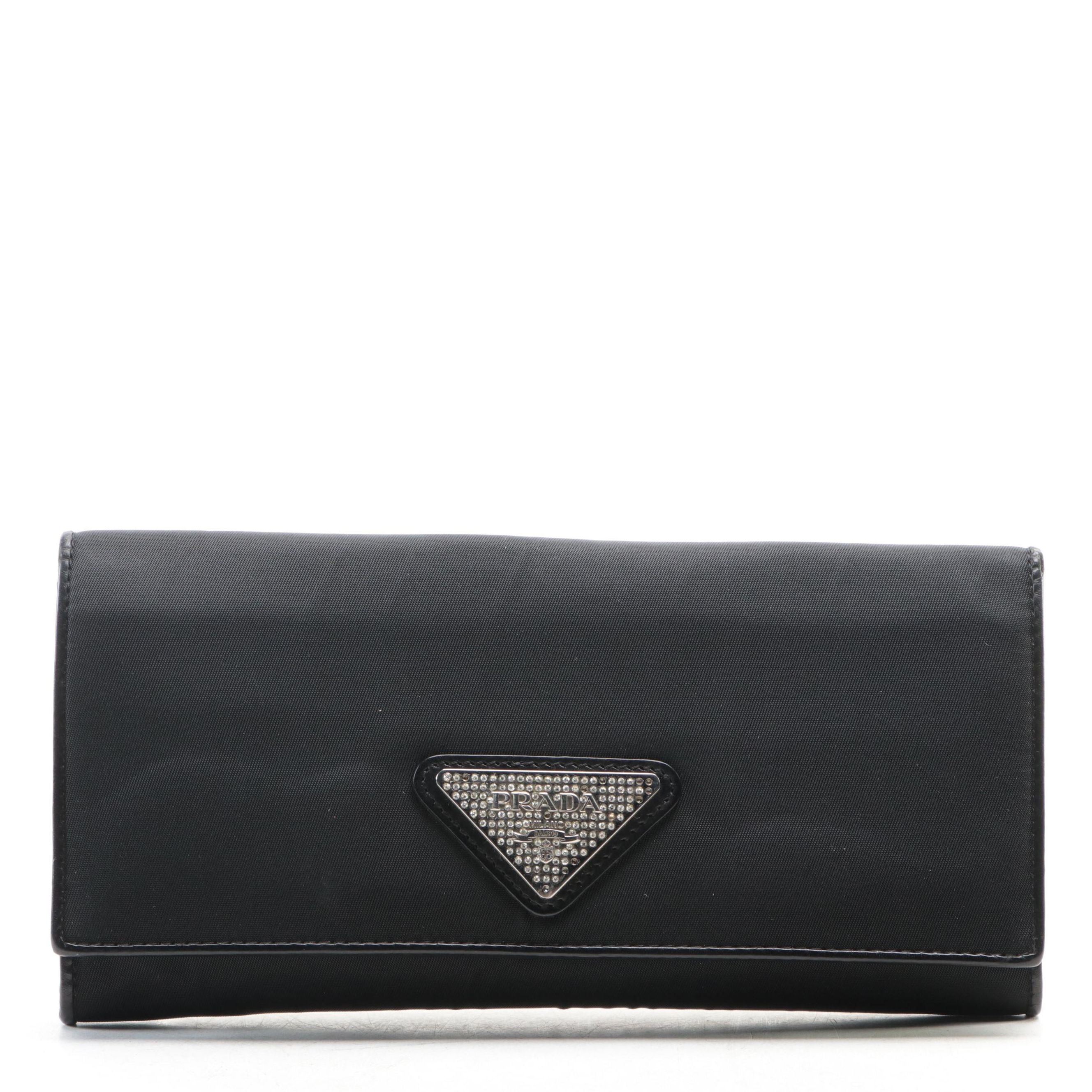 Prada Tessuto Nylon Wallet with Embellished Logo and Leather Trim