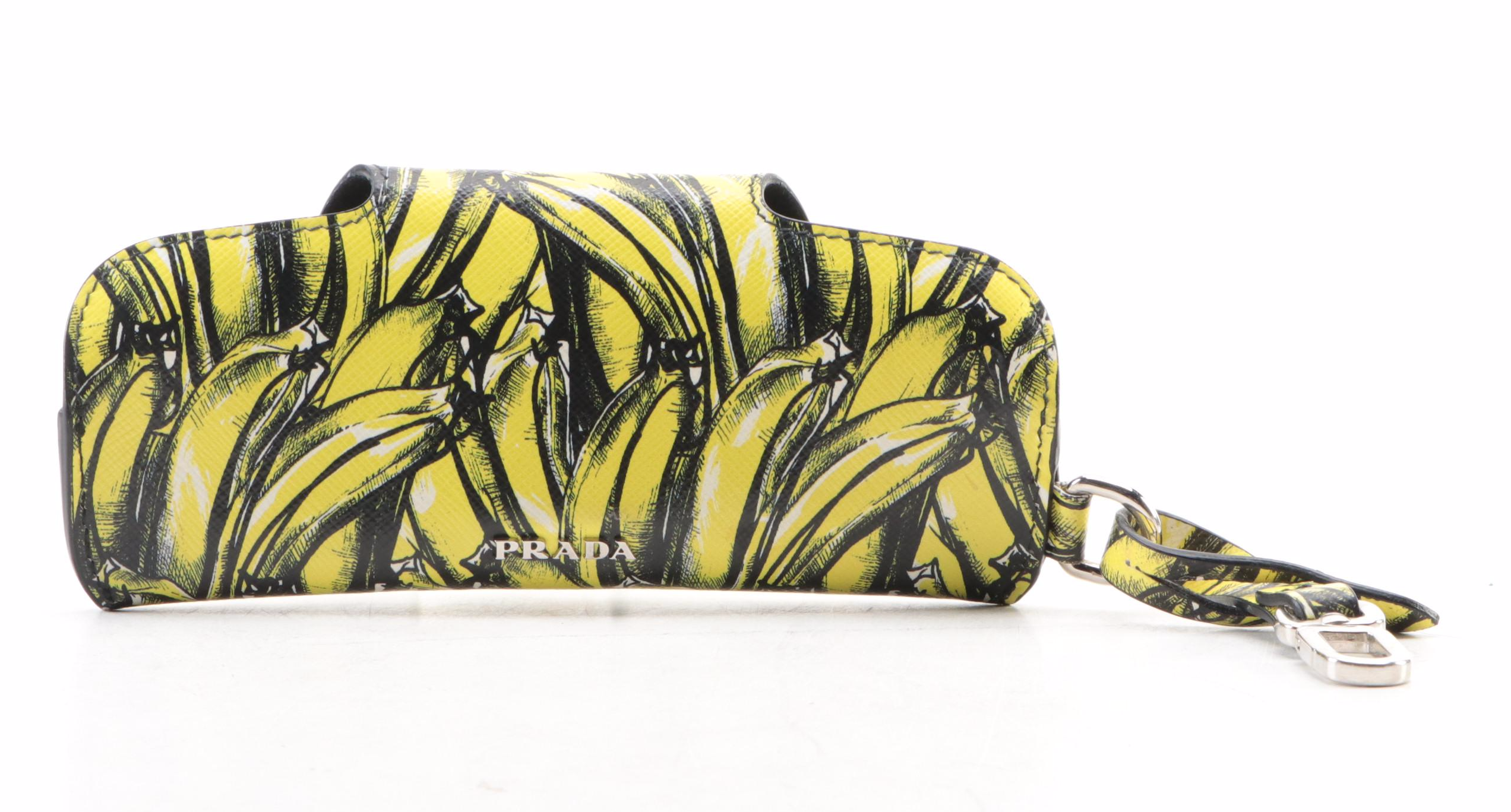 Prada Eyewear Case with Clip in Printed Banana Patterned Saffiano Leather