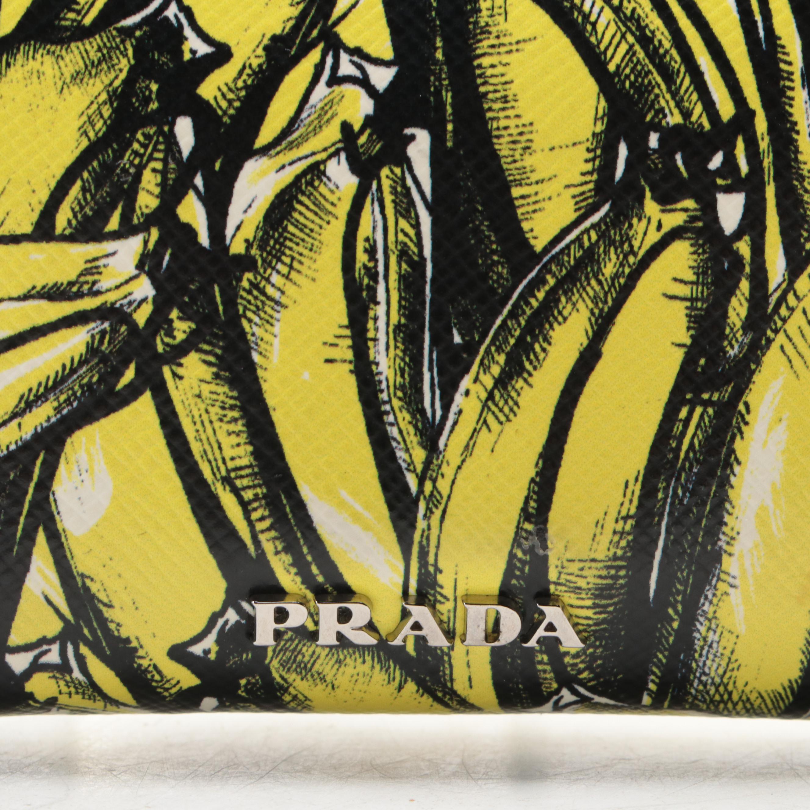 Prada Eyewear Case with Clip in Printed Banana Patterned Saffiano Leather