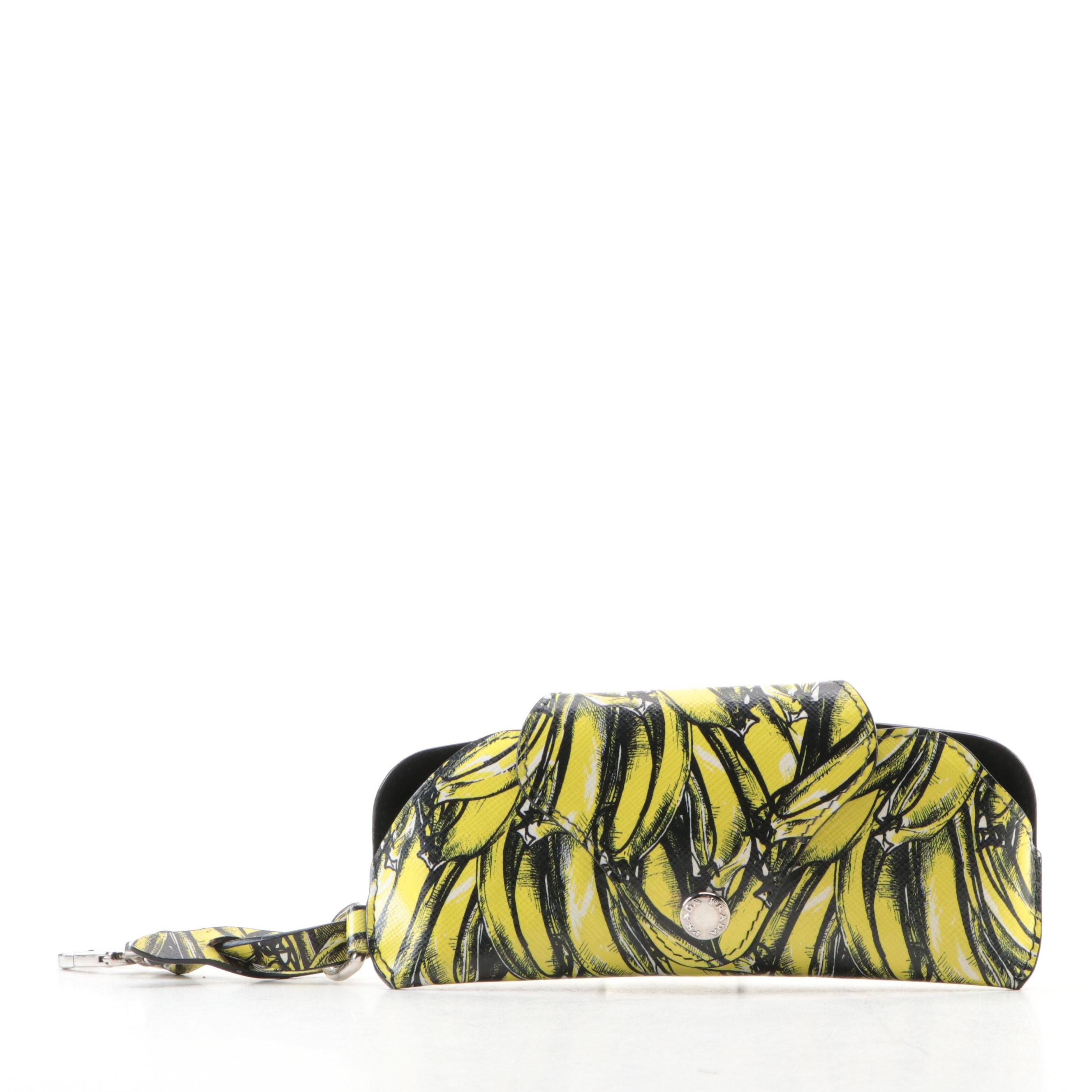 Prada Eyewear Case with Clip in Printed Banana Patterned Saffiano Leather