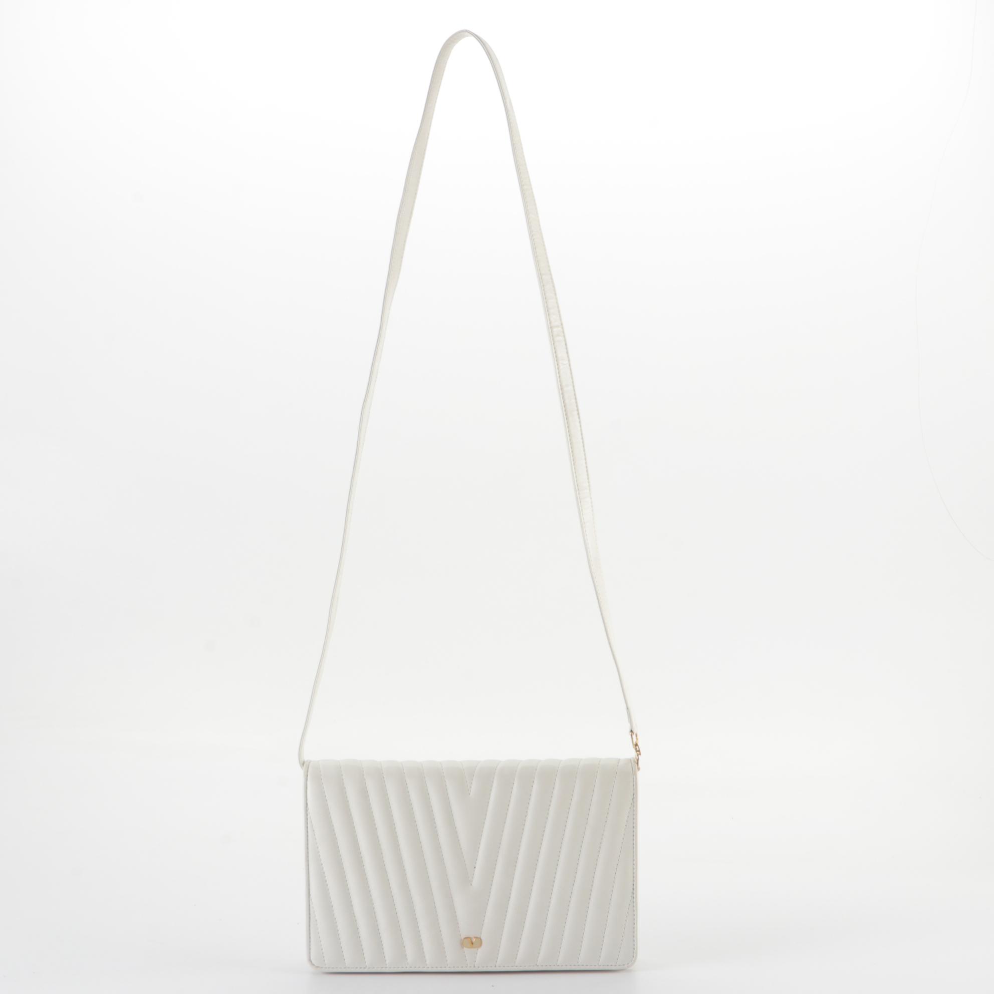 Valentino Garavani White Chevron Matelasse Leather Shoulder Bag